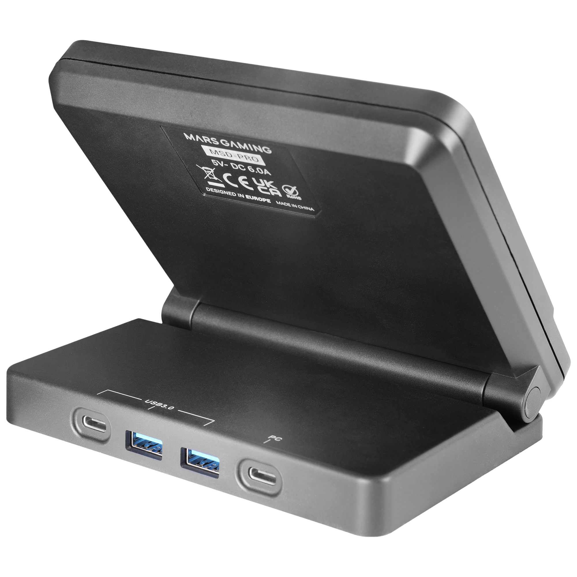 Hub nero Mars Gaming MSD-PRO con porte USB 3.0 e USB-C.