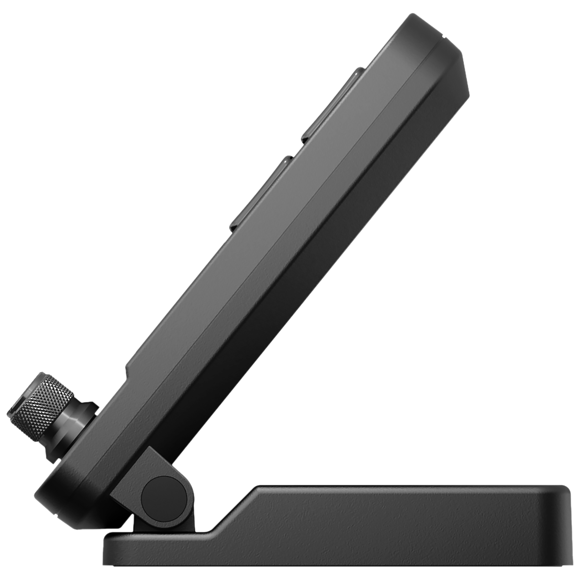 Dispositivo elettronico nero con manopola zigrinata e base.