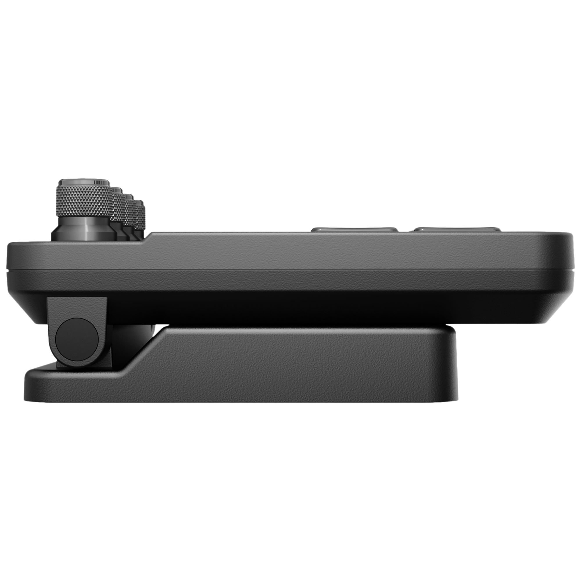 Dispositivo elettronico grigio con manopole e pulsanti su sfondo bianco.