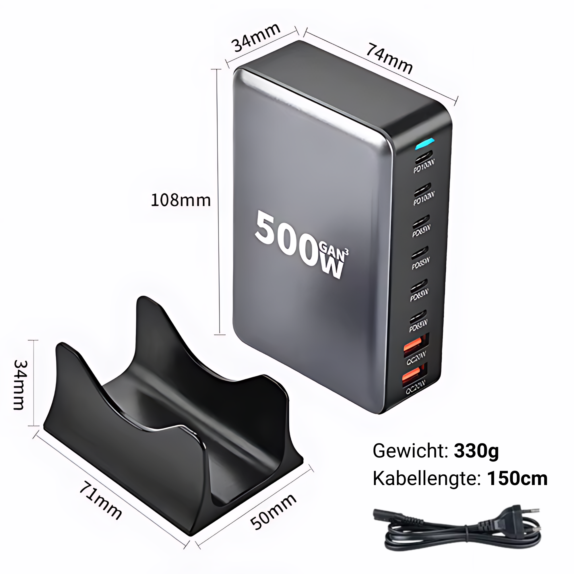 Grijze 500W GAN³ lader met 8 poorten en zwarte standaard.