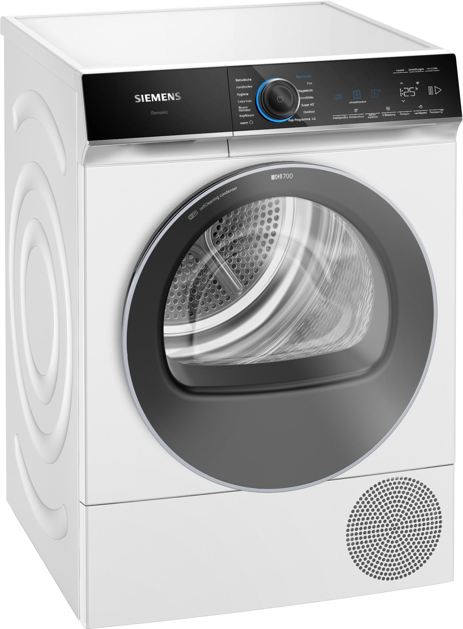 Ein moderner weißer Siemens Wäschetrockner mit schwarzer Tür und Bedienfeld.