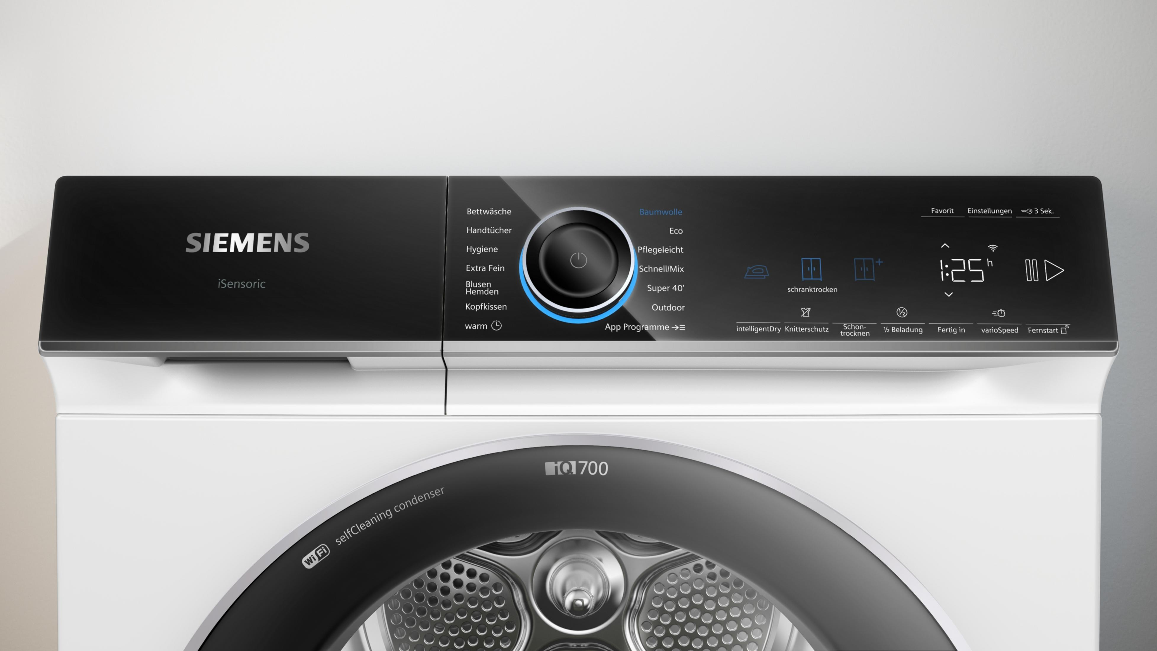 Siemens Trockner Bedienfeld mit Programmauswahl und digitaler Anzeige.