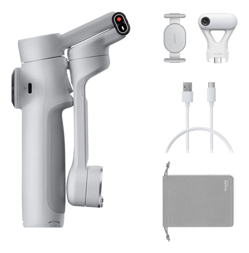 Biały gimbal do kamery Insta360 z akcesoriami: kamera, kable i etui.