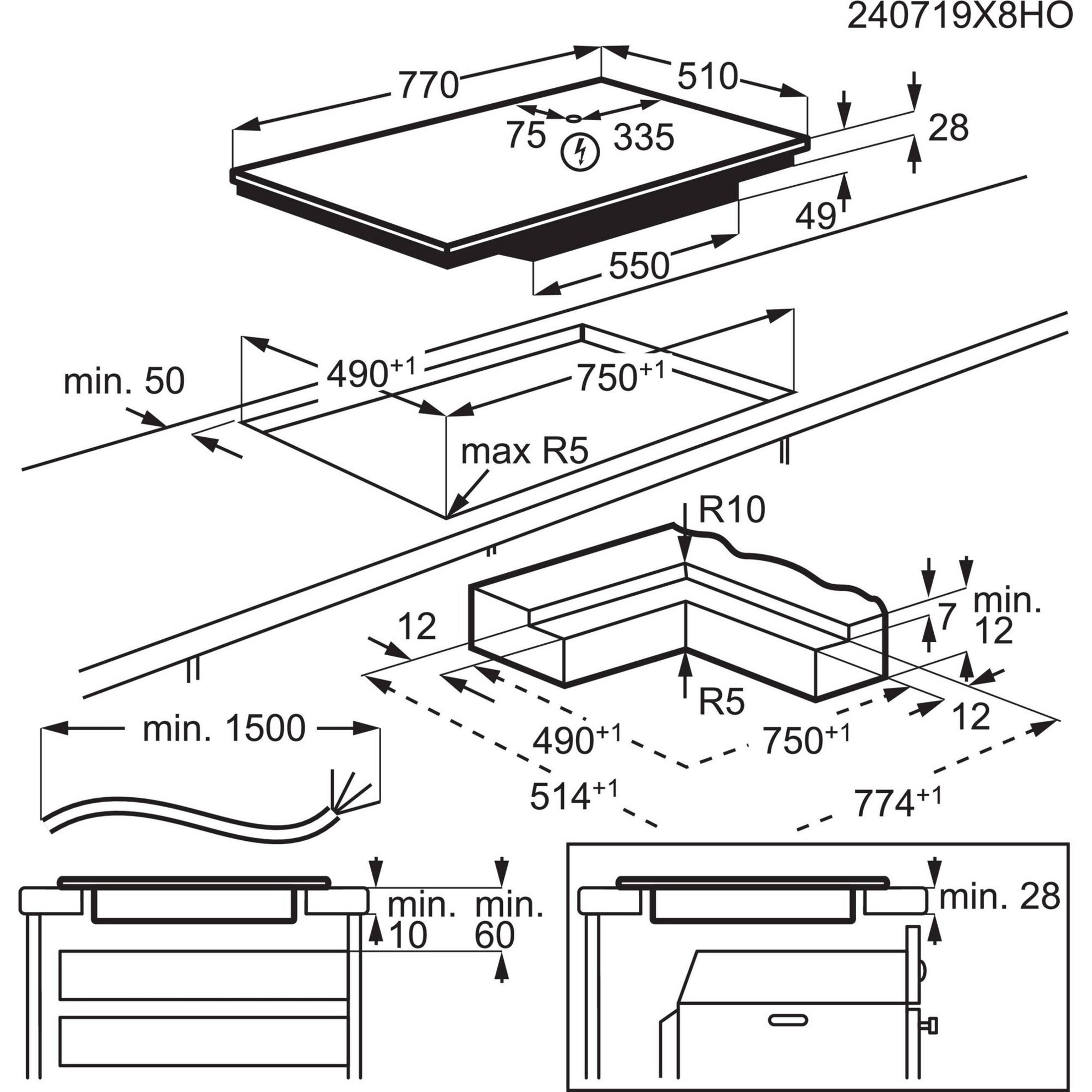 Technische Zeichnung eines Kochfelds mit Installationsmaßen und Hinweisen.