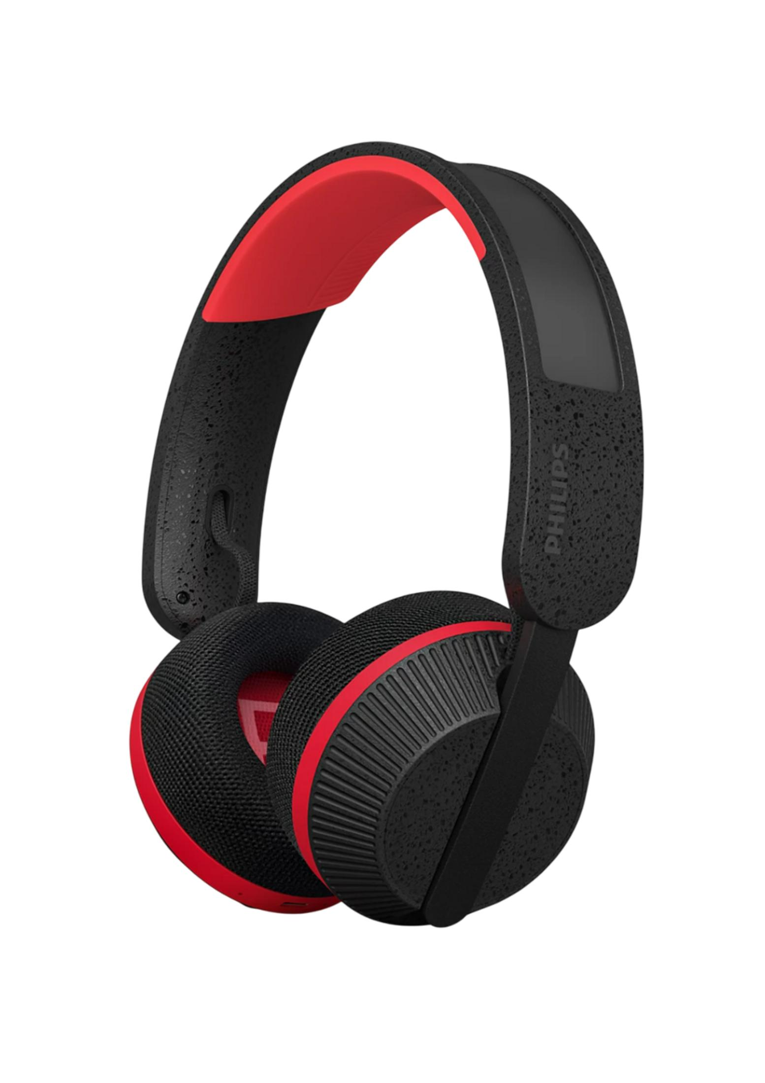 Casque noir avec accents rouges et bandeau rembourré.