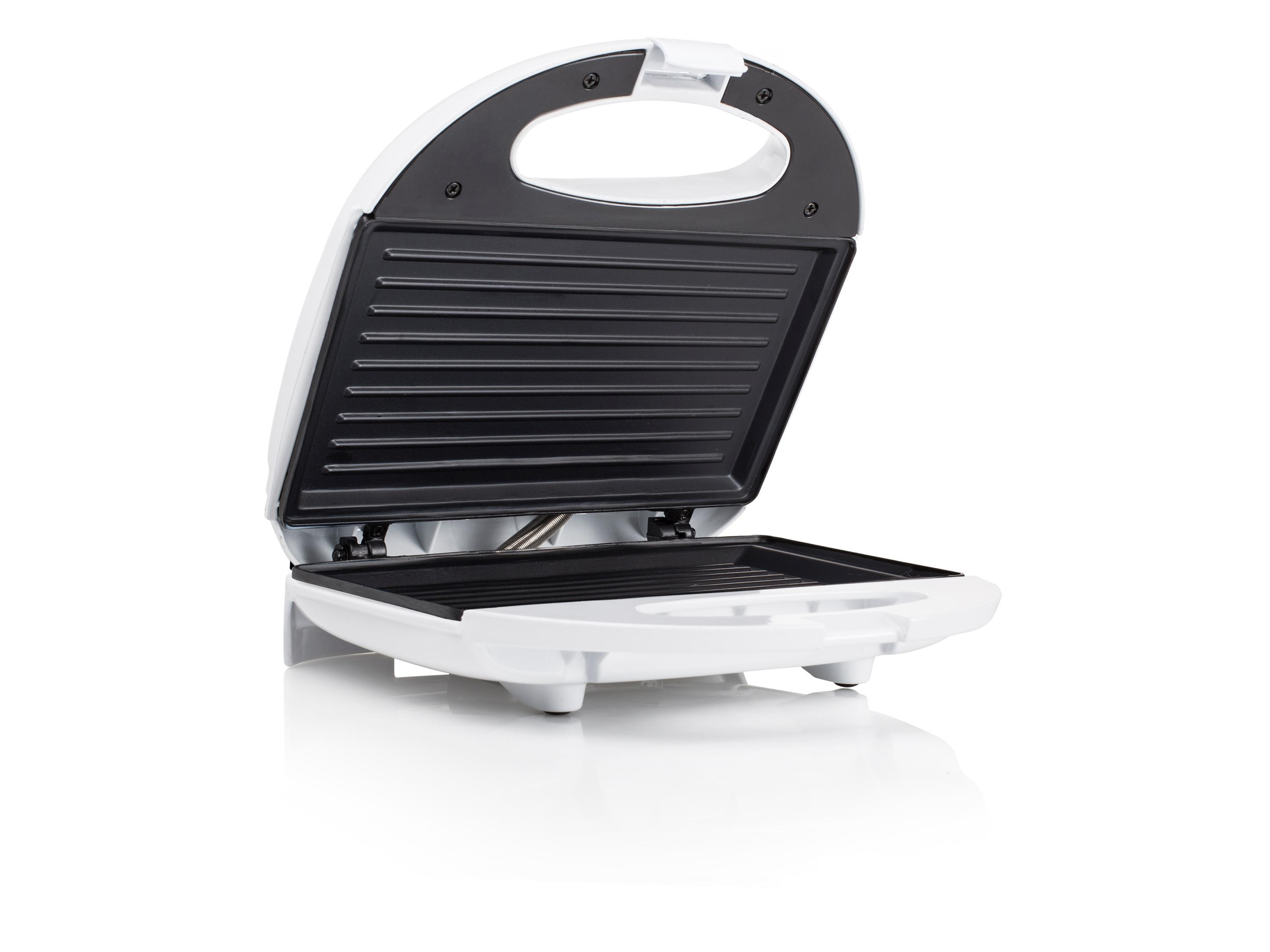 Biały opiekacz do kanapek z otwartą pokrywą, pokazujący czarne płyty grillowe.