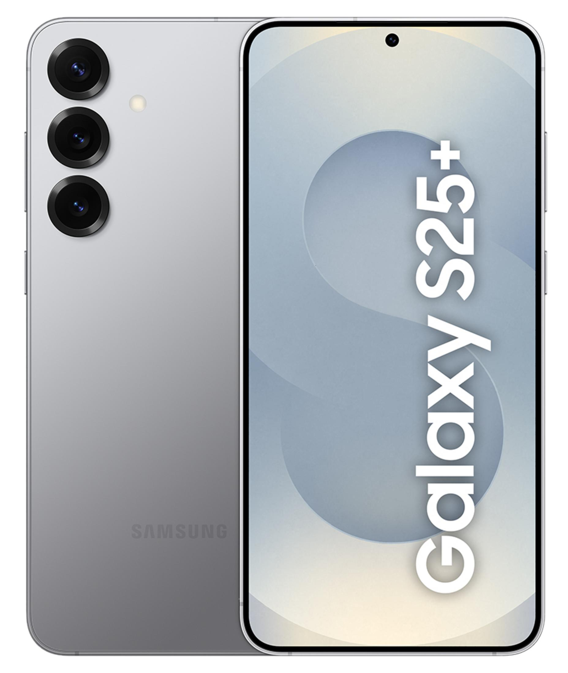 Srebrny smartfon Samsung Galaxy S25+ z trzema aparatami i lampą błyskową.