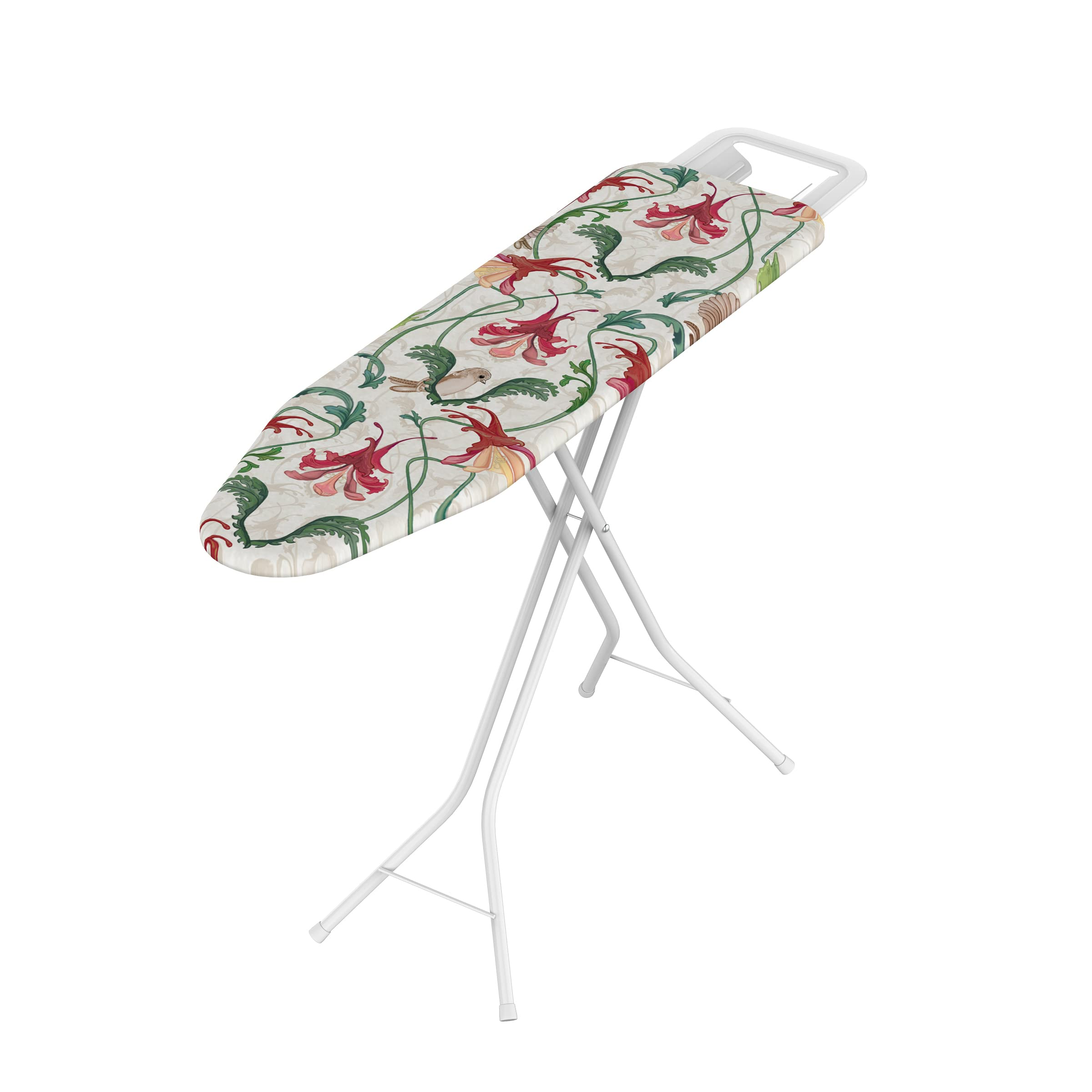 Une planche à repasser blanche à motif floral et un oiseau.