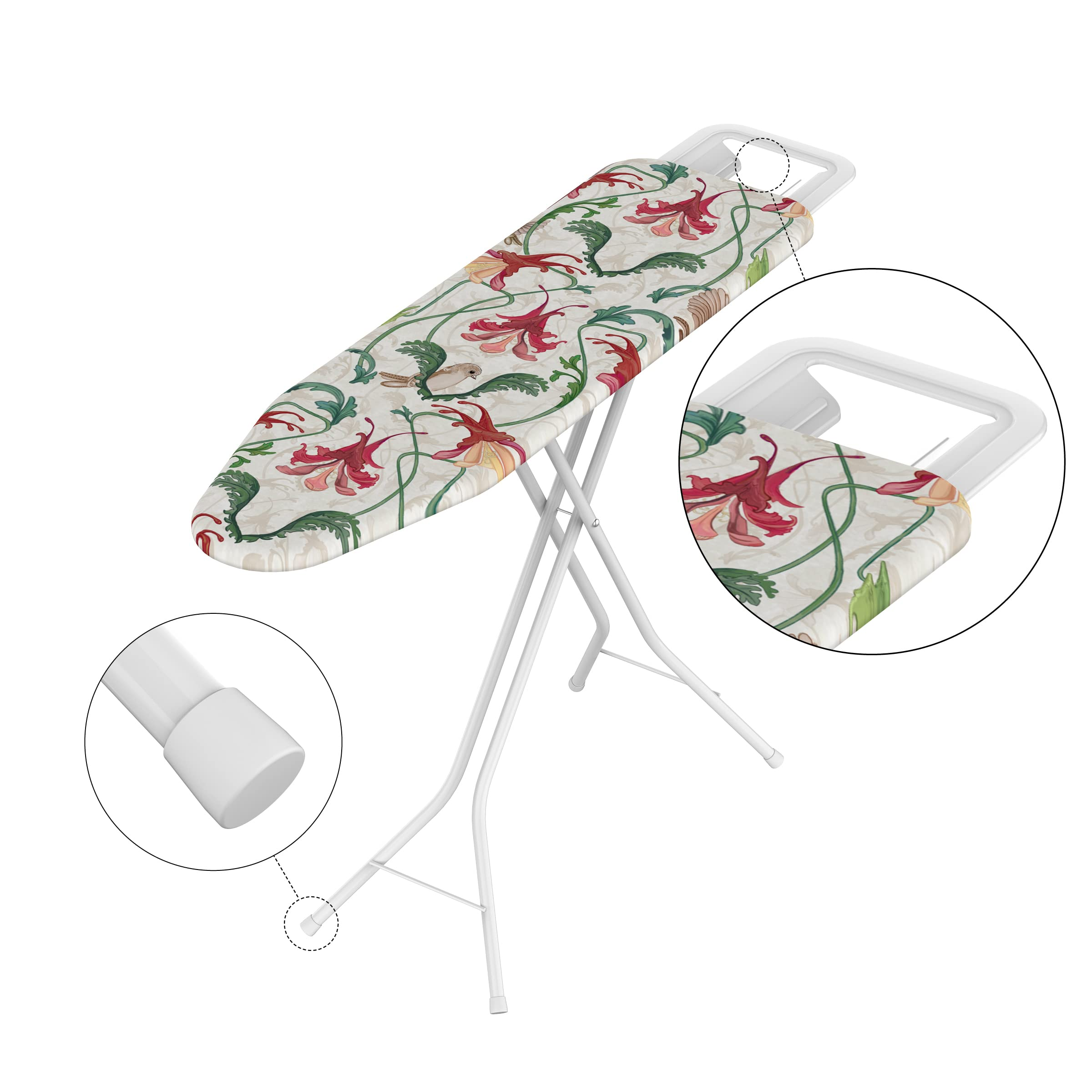 Une planche à repasser blanche à motif floral. Des gros plans montrent les détails.