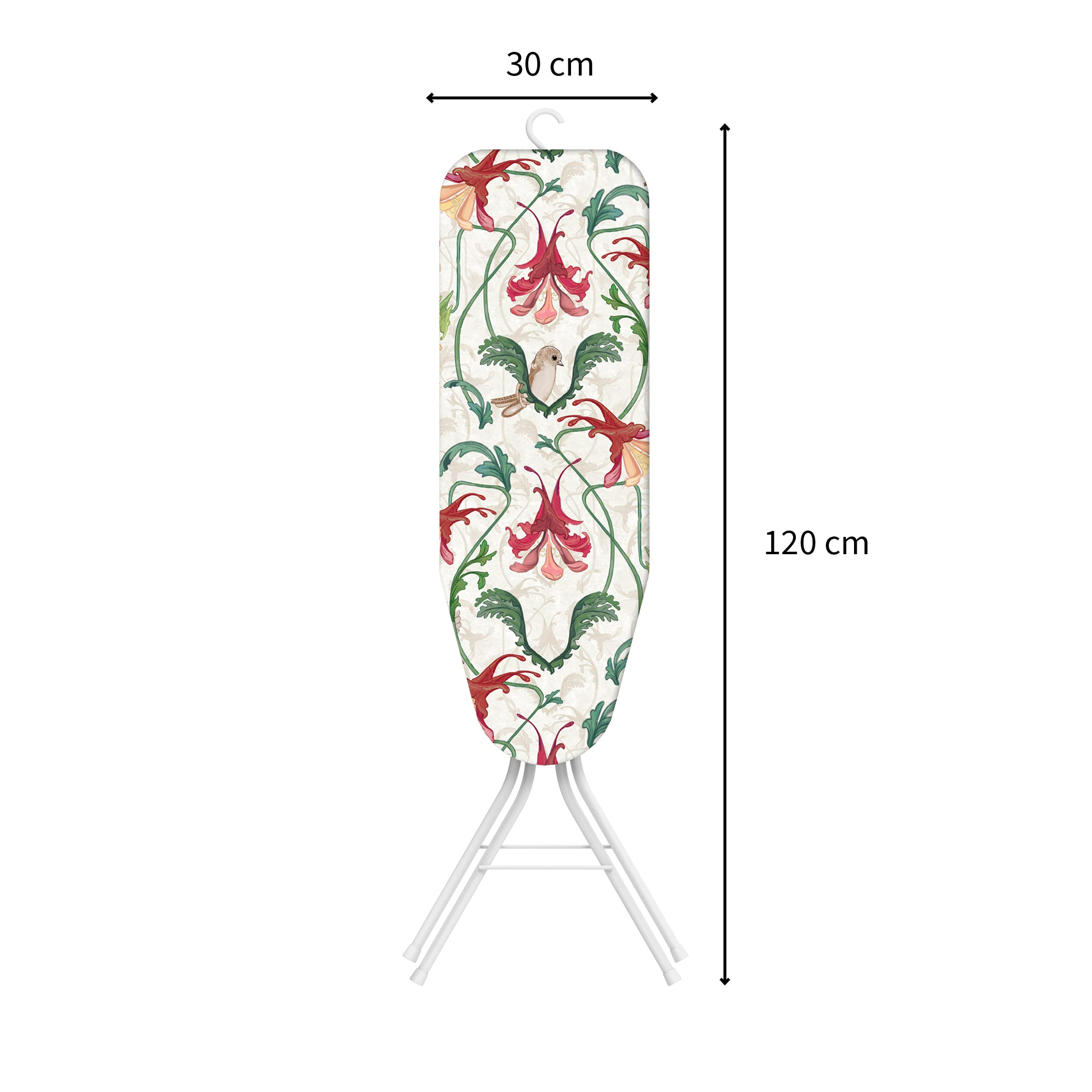 Bügeltisch mit Blumenmuster, 120 cm lang, 30 cm breit.