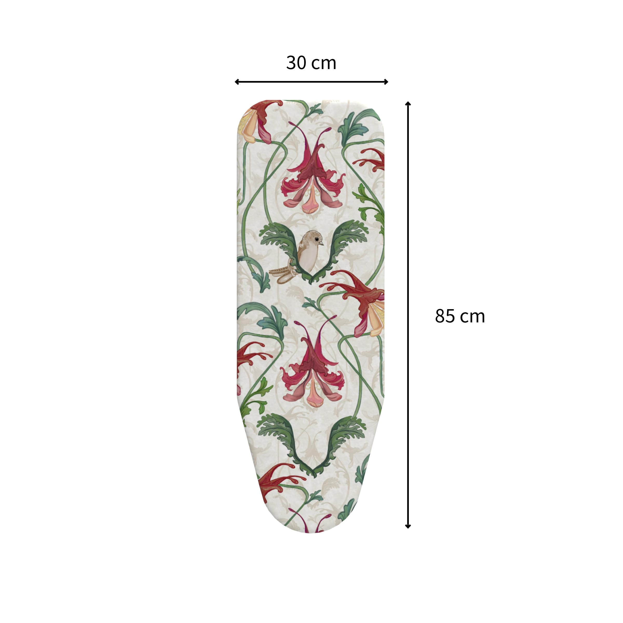 Bügeleisenbrett mit Blumenmuster und Vogel, 85x30 cm.