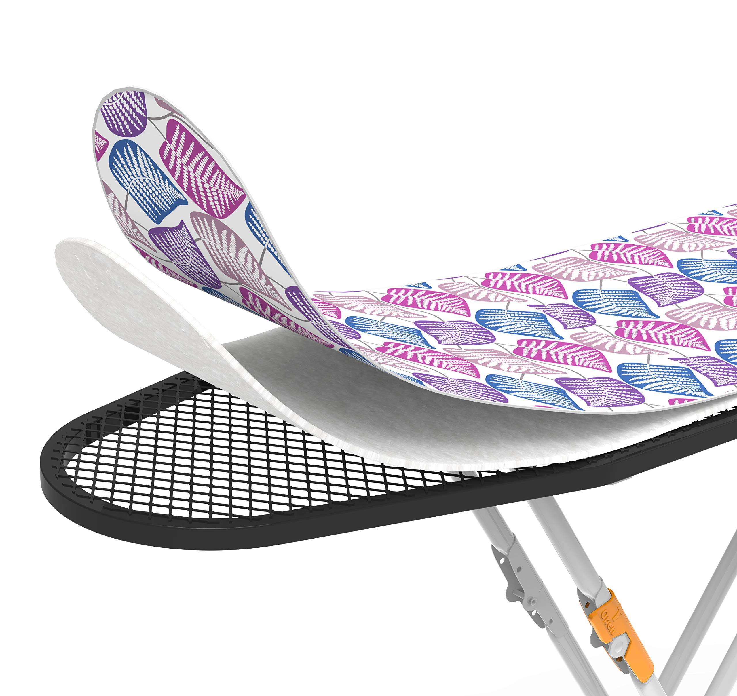 Ironing board cover with blue and purple feather pattern on a white background.