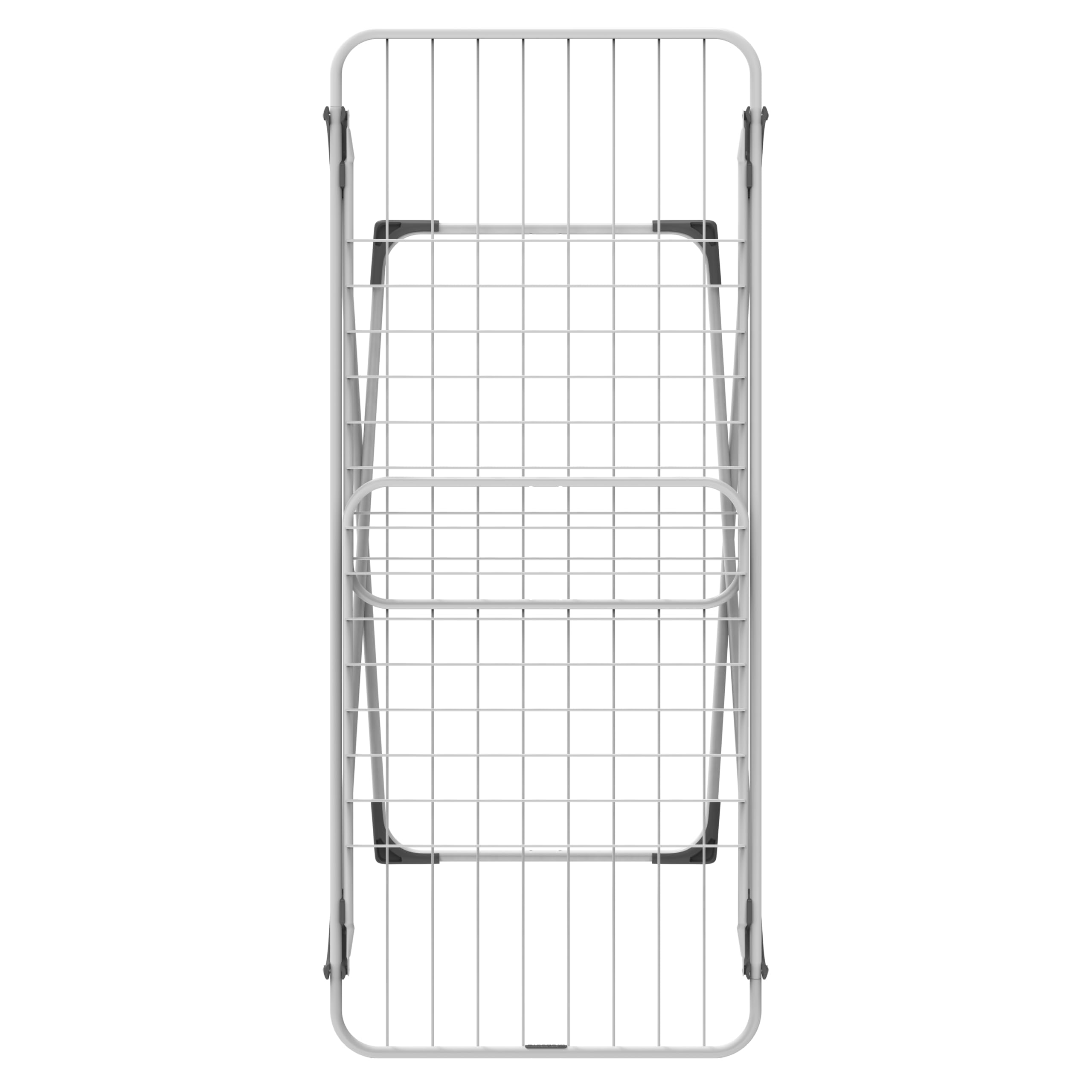 A white clothes drying rack with a grid pattern.