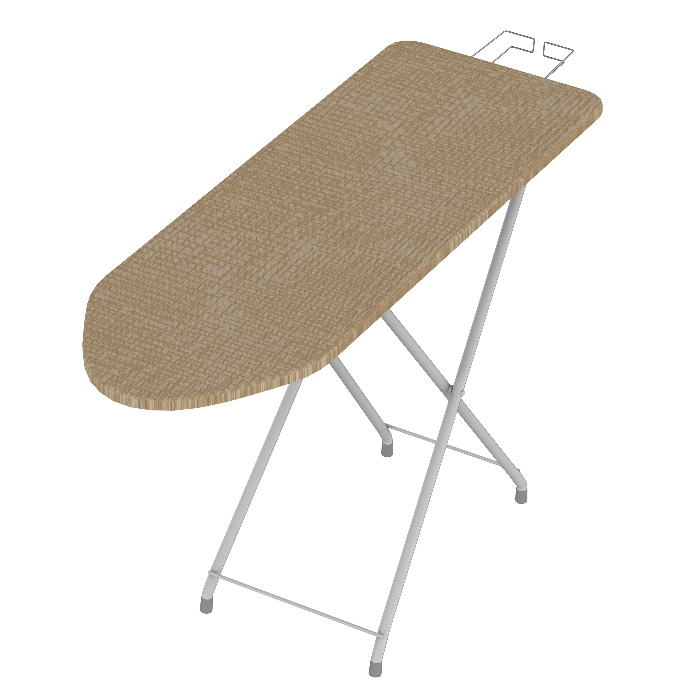 Table à repasser pliée avec surface marron à motifs et pieds argentés.