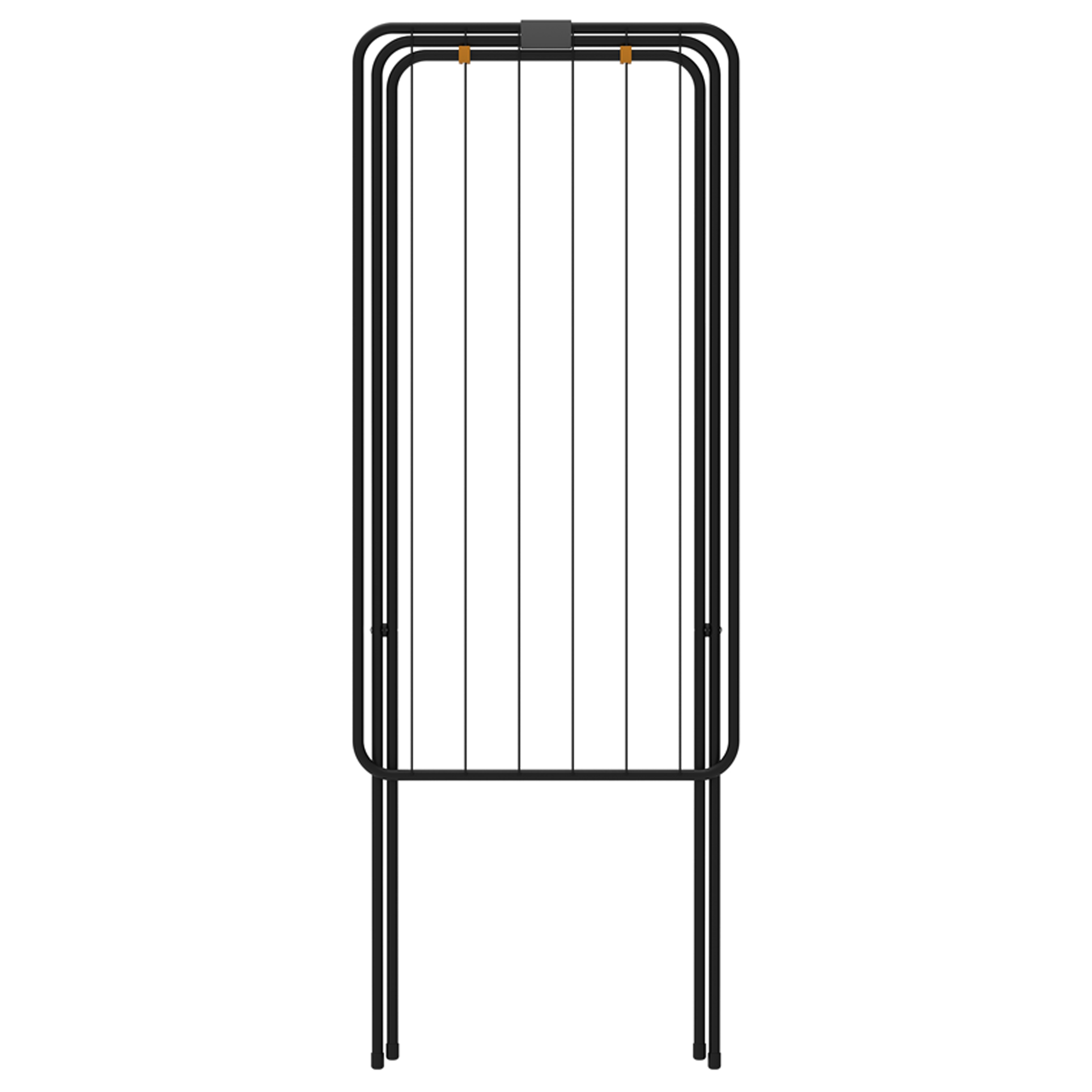 A black drying rack with horizontal bars and vertical lines against a white background.