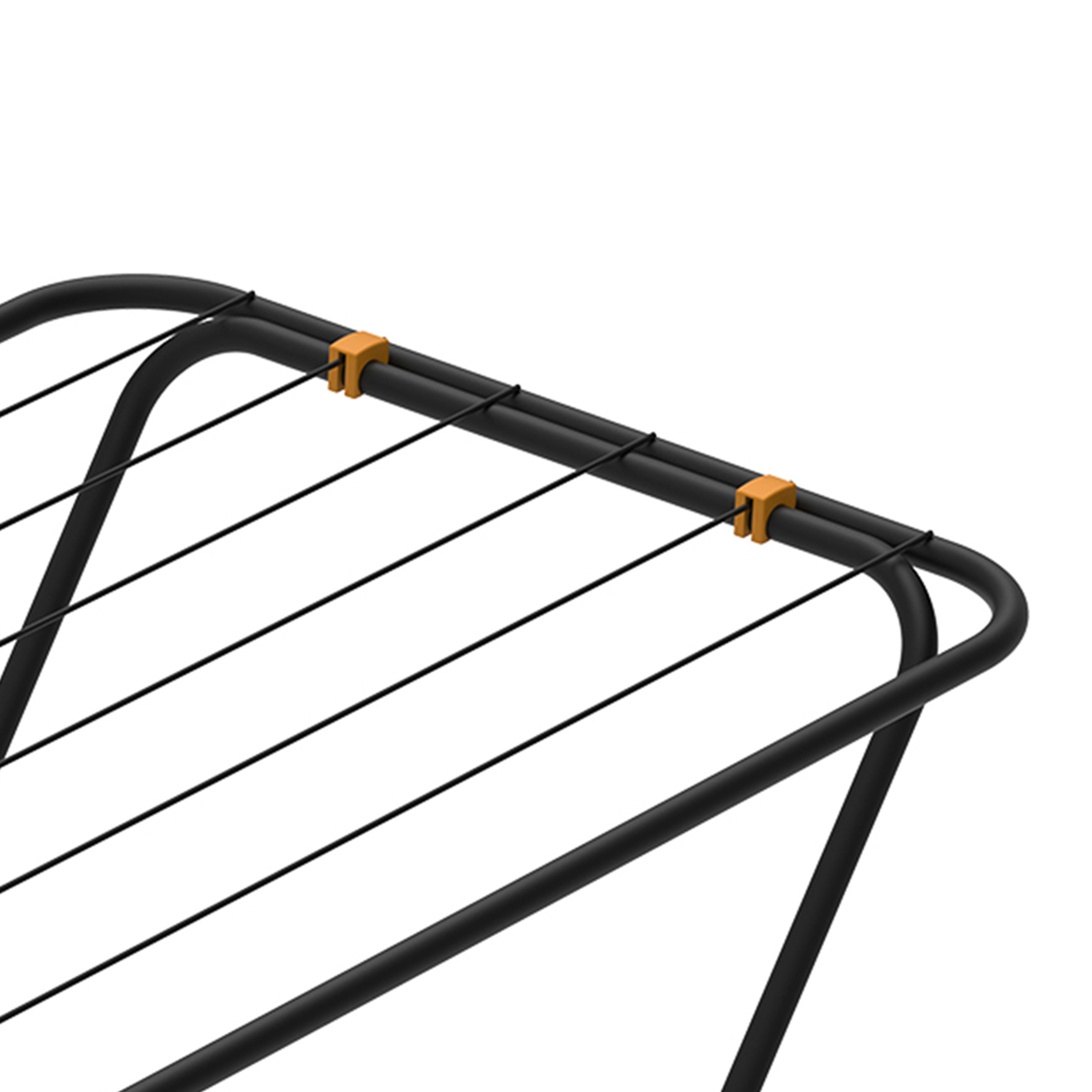 Black clothes drying rack with orange clips and thin lines.