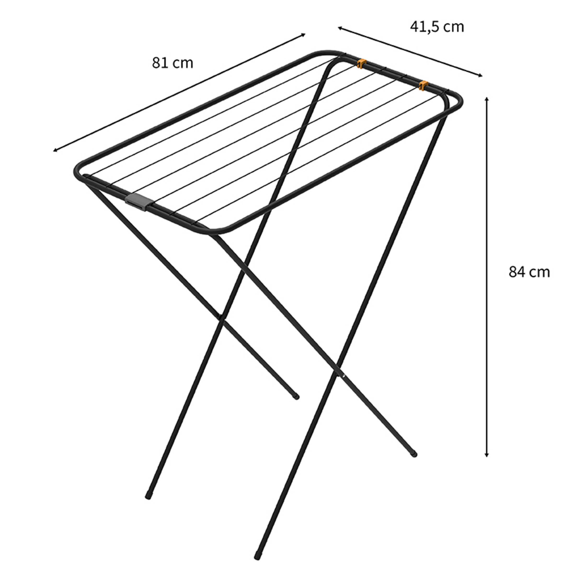 A black drying rack with dimensions 81 x 41.5 x 84 cm.