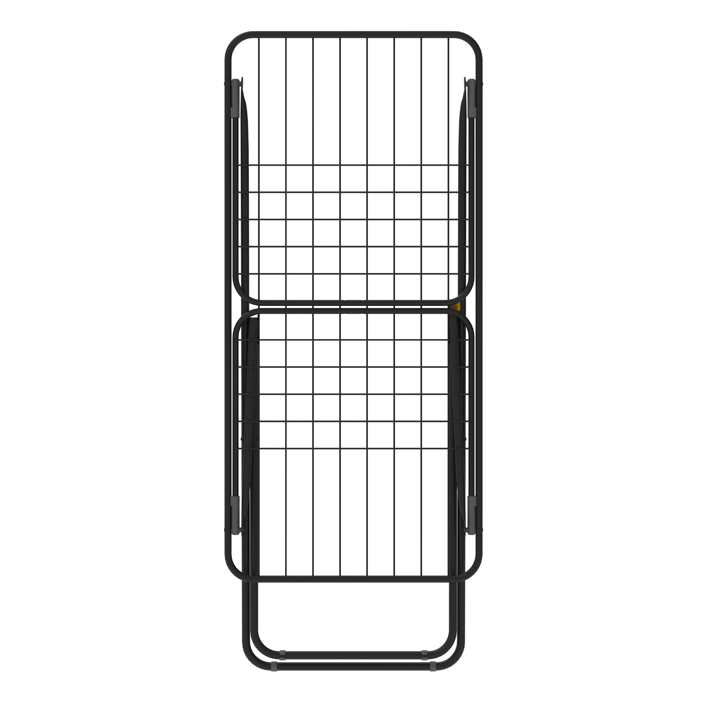 A black, upright clothes drying rack with a grid pattern.