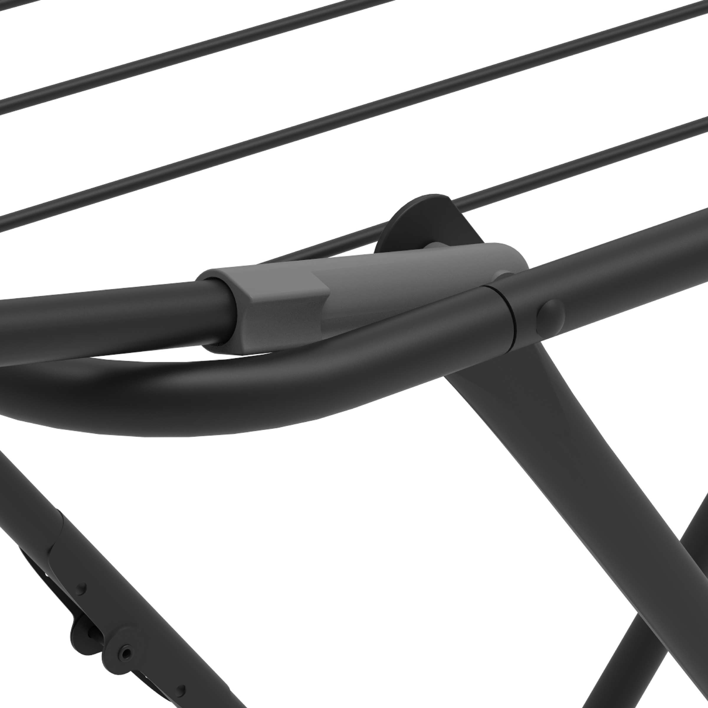 Close-up of a black clothes drying rack frame with gray connectors.