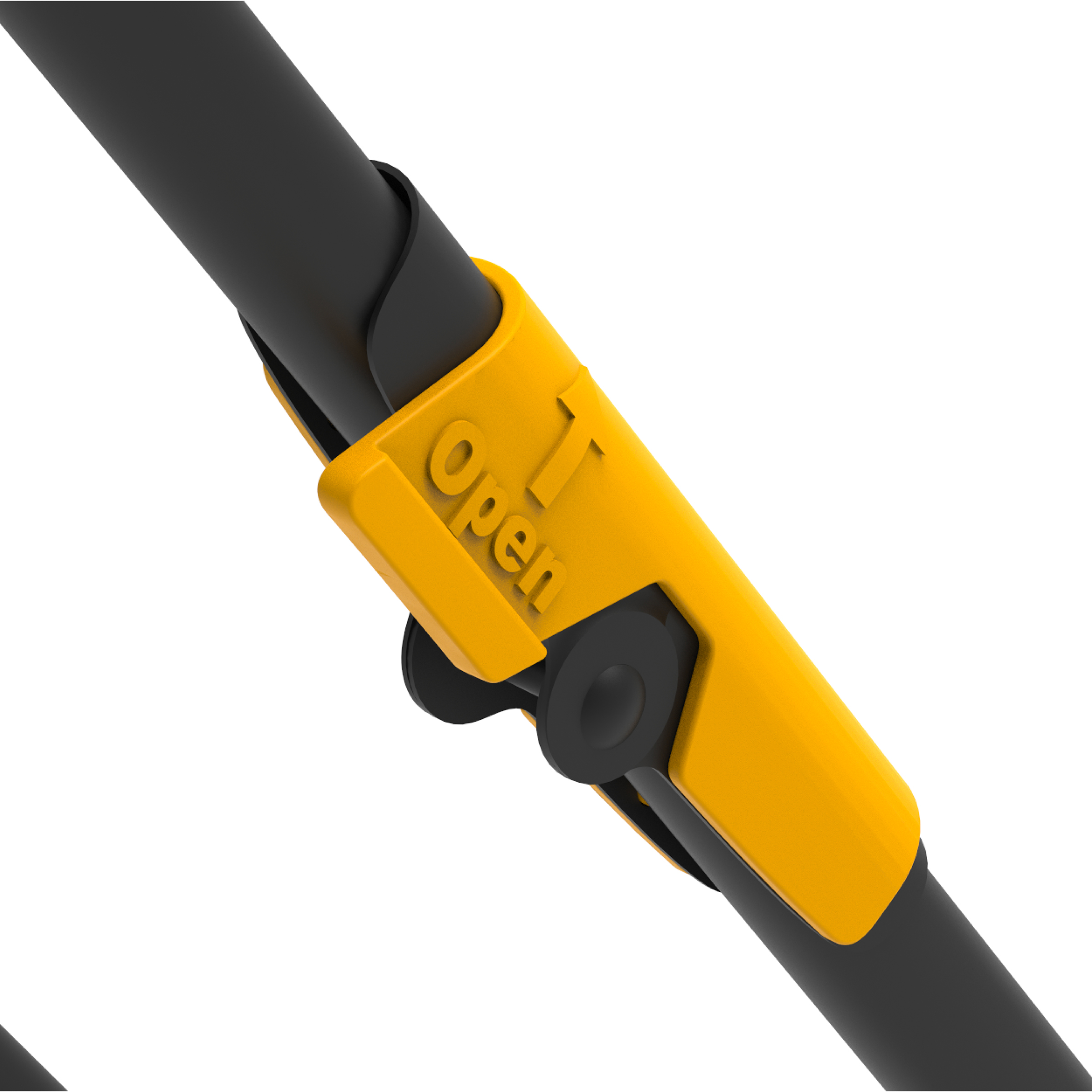 Yellow clasp with black tube, engraved with "Open".