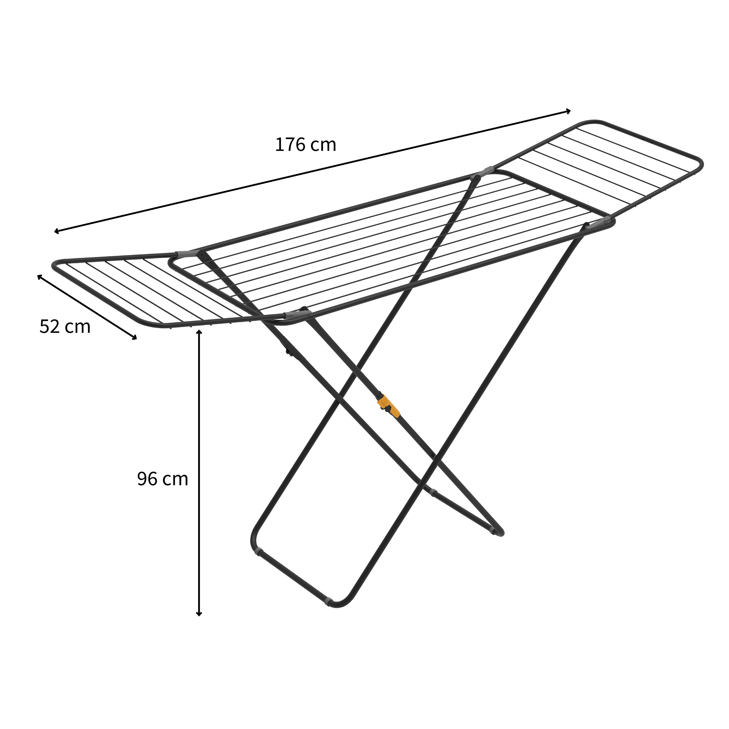 Black clothes drying rack with dimensions 176x52x96 cm.