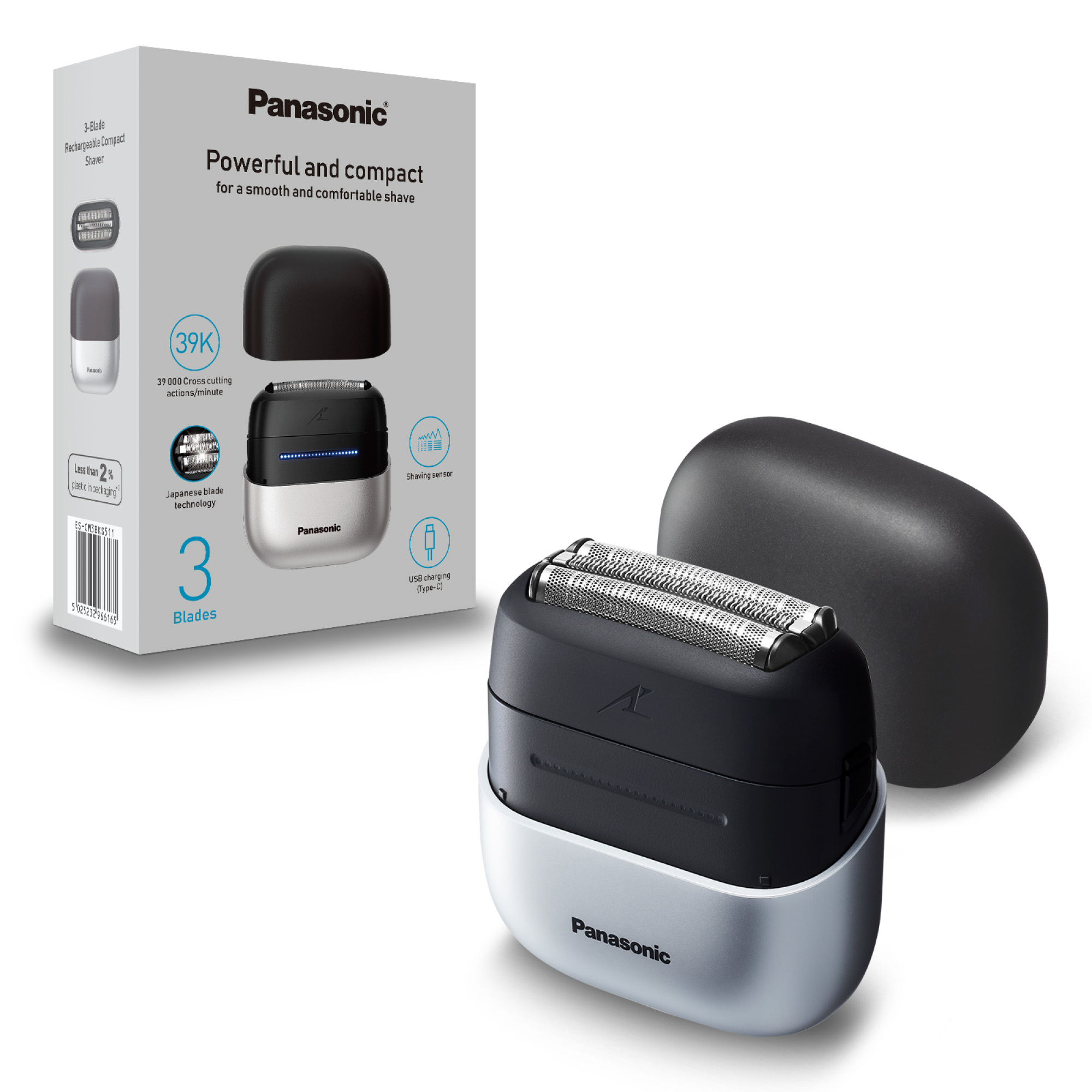 Panasonic Rasierer mit 3 Klingen, silber/schwarz, mit schwarzer Kappe.