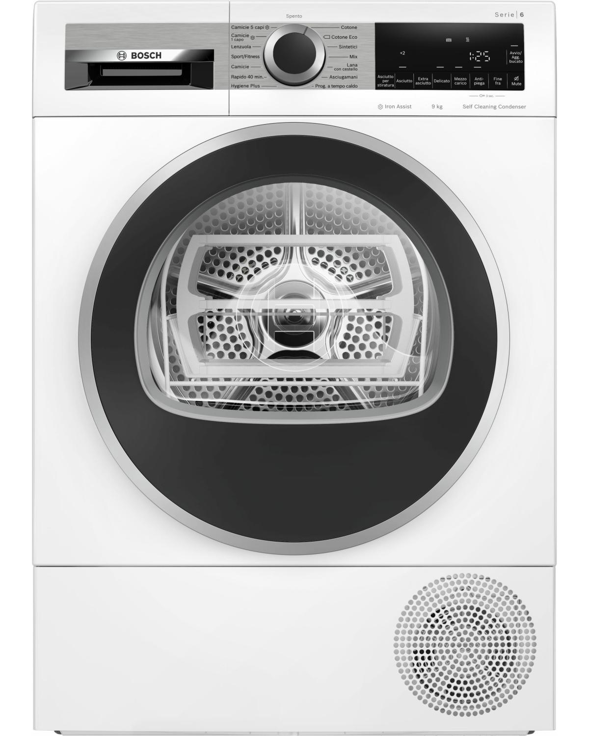 Biała suszarka Bosch Seria 6 z czarnymi drzwiami i cyfrowym panelem sterowania.