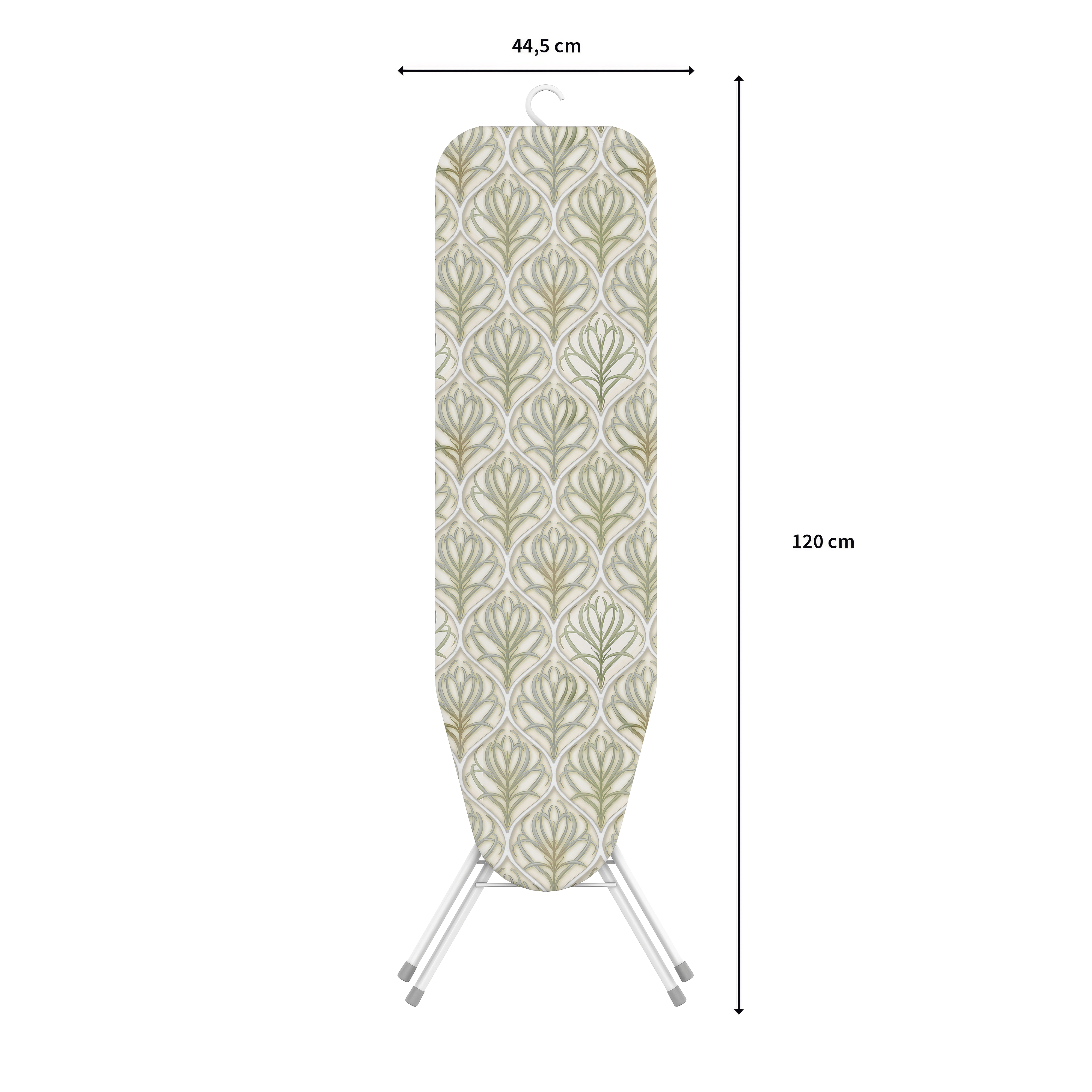 Bügeltisch mit floralem Muster, 120 cm lang, 44,5 cm breit.
