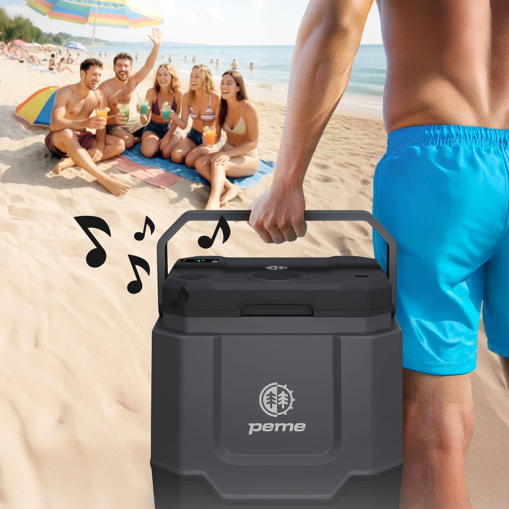 Freunde trinken Cocktails am Strand, Mann trägt Kühlbox.