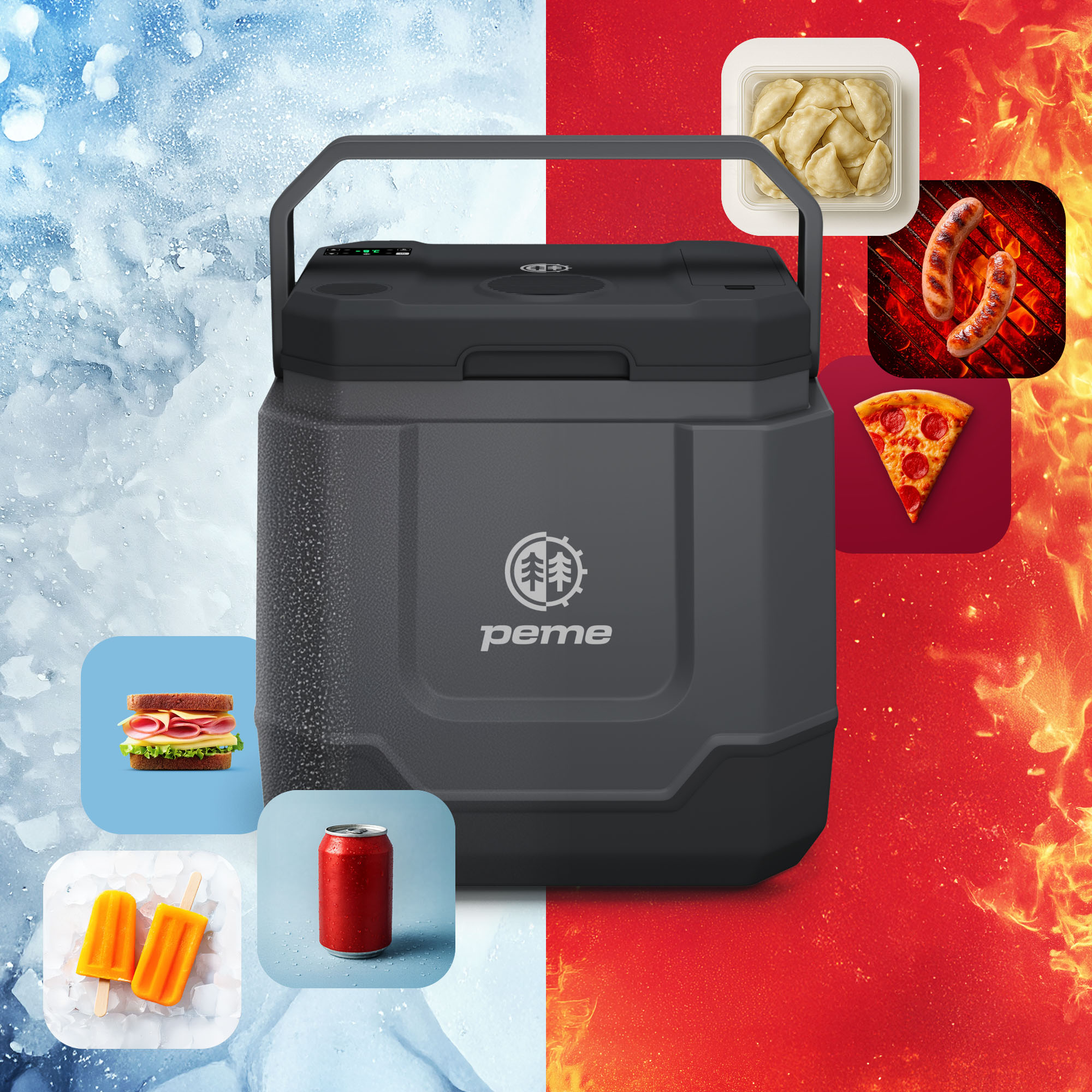 Ein schwarzer Kühlbox mit Lebensmitteln: Eis, Sandwich, Dose, Pierogi, Würstchen, Pizza.