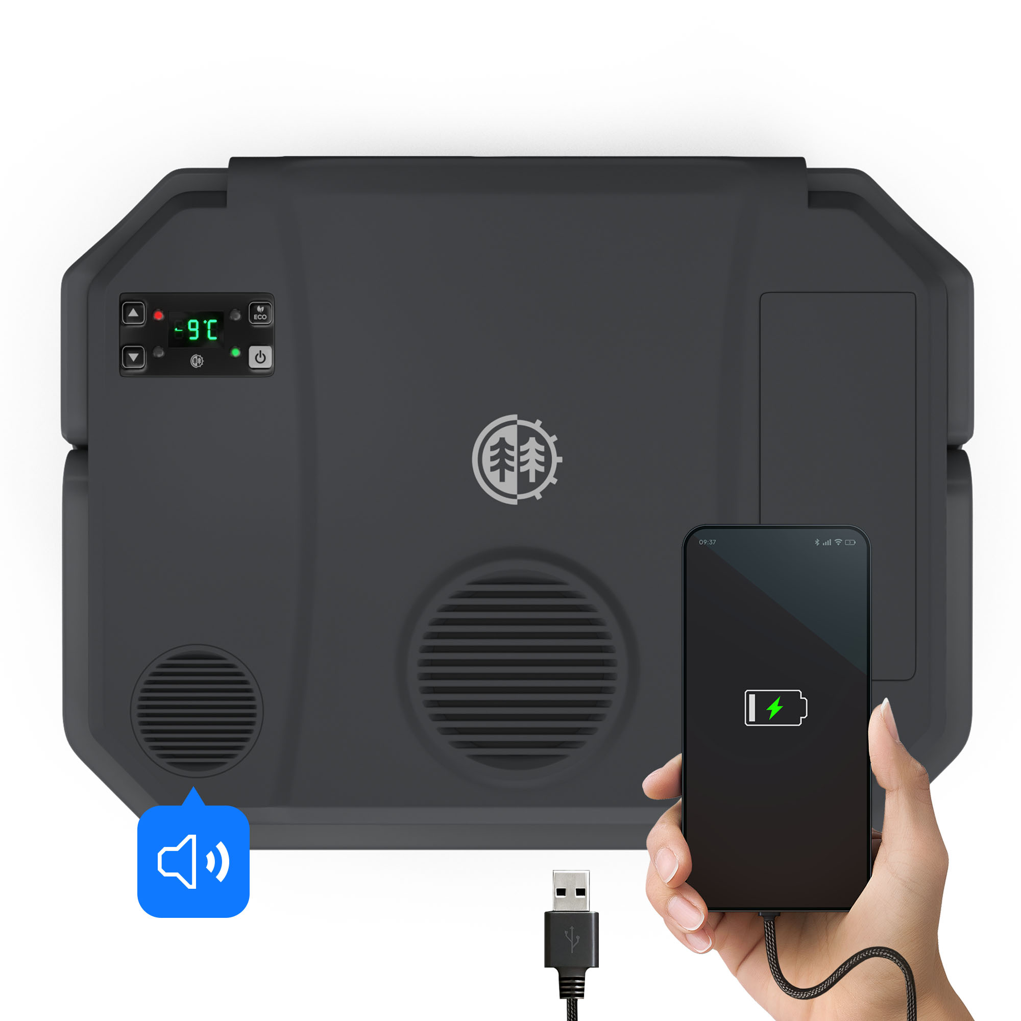Ein dunkler Kühler mit einem Smartphone, das aufgeladen wird, und einem USB-Kabel.
