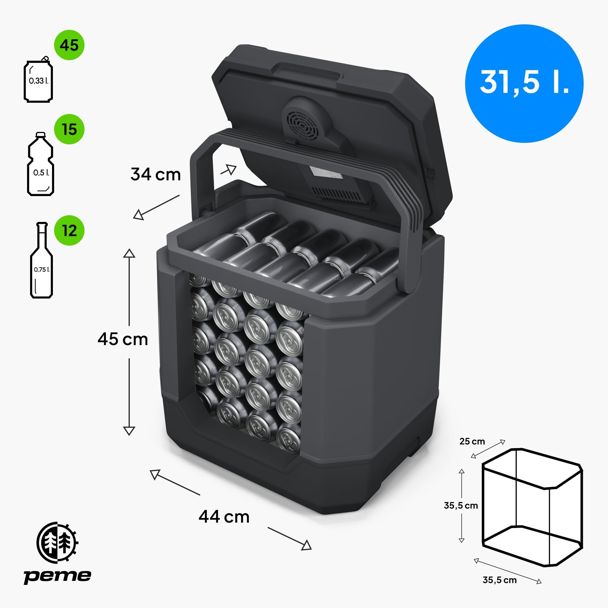 Una nevera abierta llena de latas y botellas, con dimensiones.