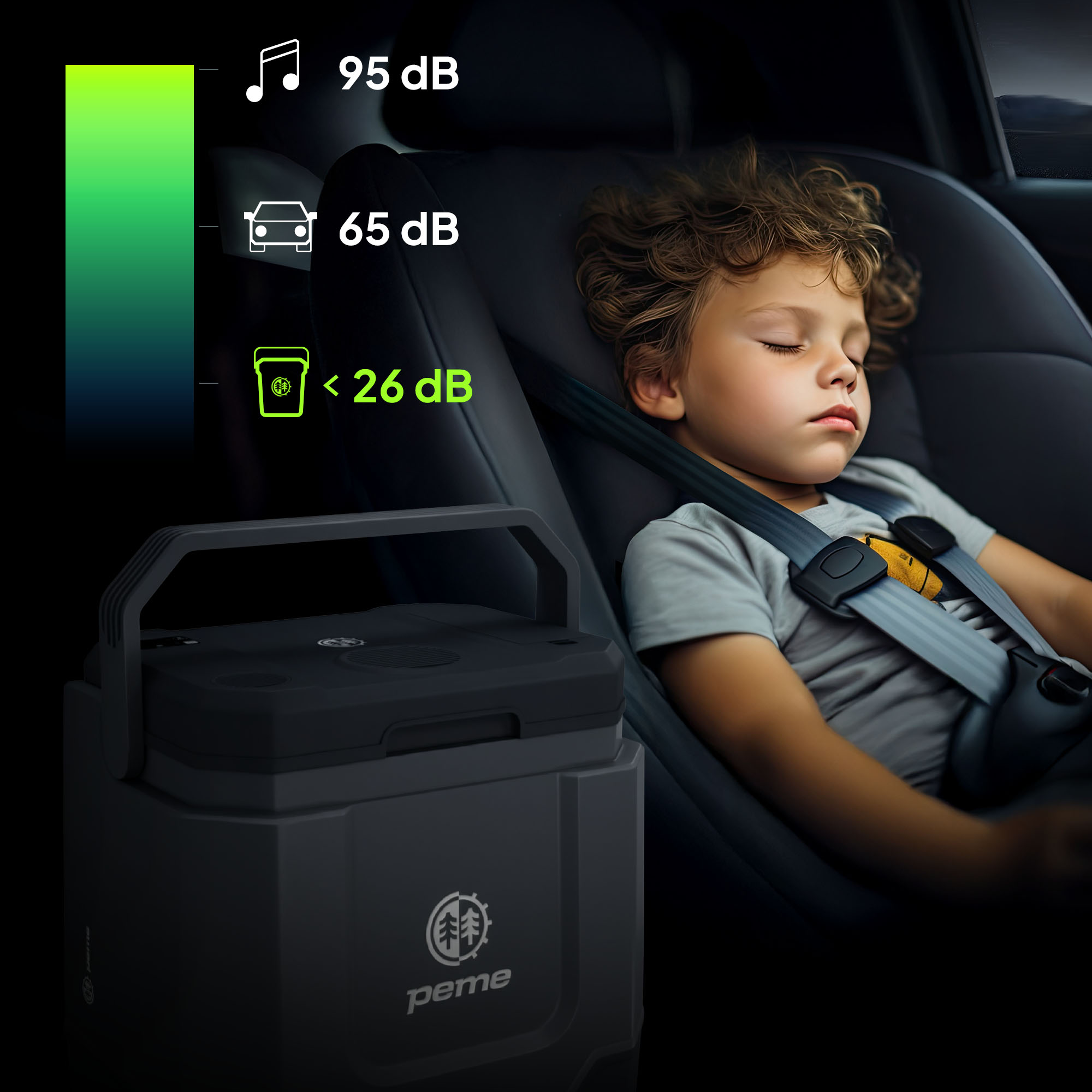 Schlafendes Kind im Auto neben einem leisen Kühler. Lärmpegelanzeige.