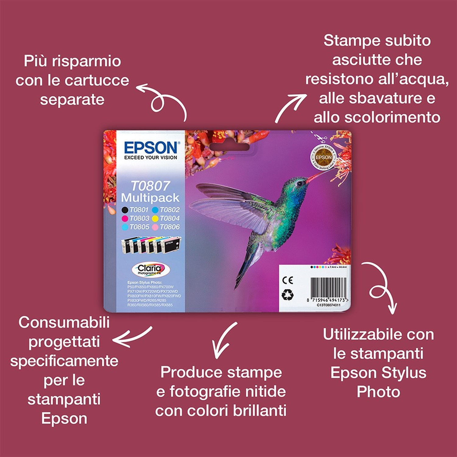 Epson T0807 Multipack mit Kolibri-Motiv. Tinte für Epson Stylus Photo Drucker.