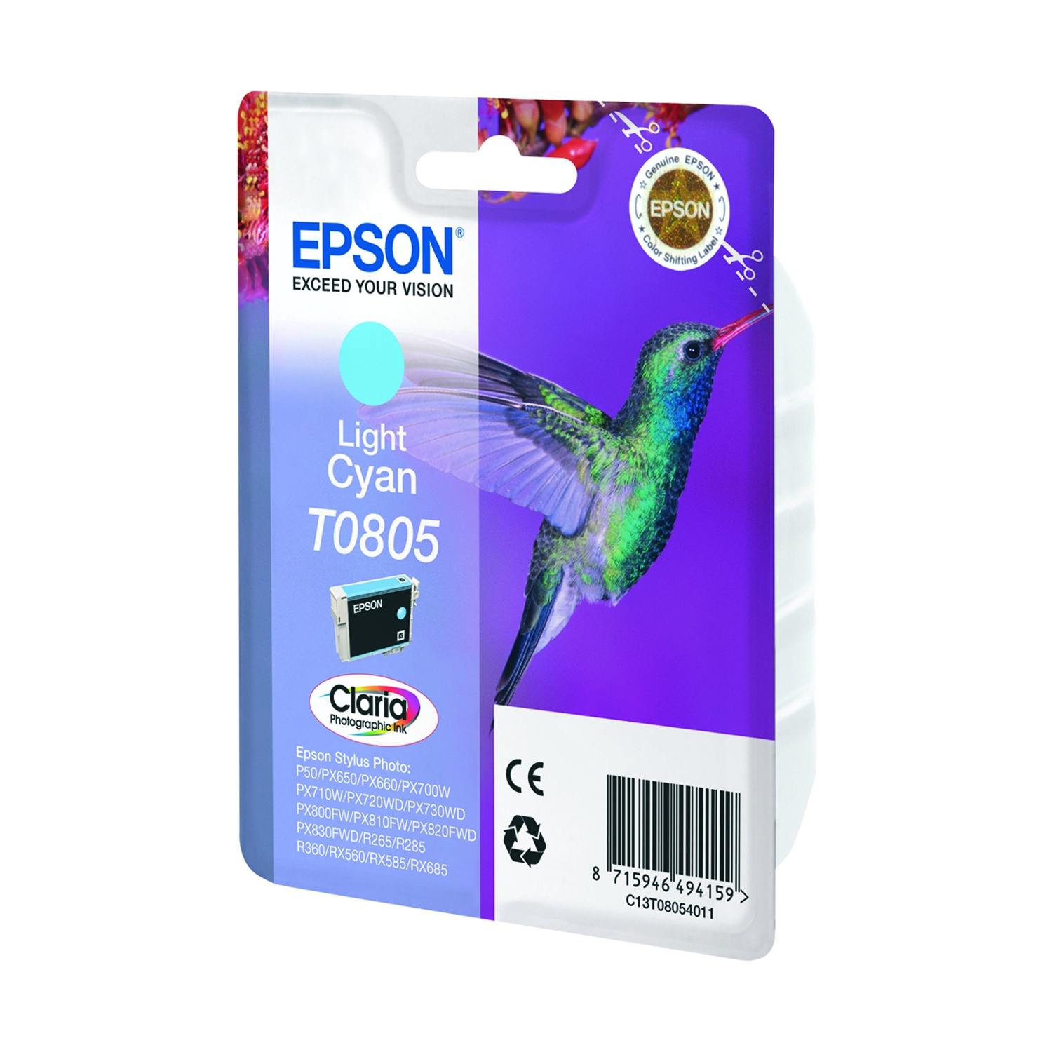Epson Light Cyan T0805 Tintenpatrone mit Kolibri-Design und Produktinformationen.