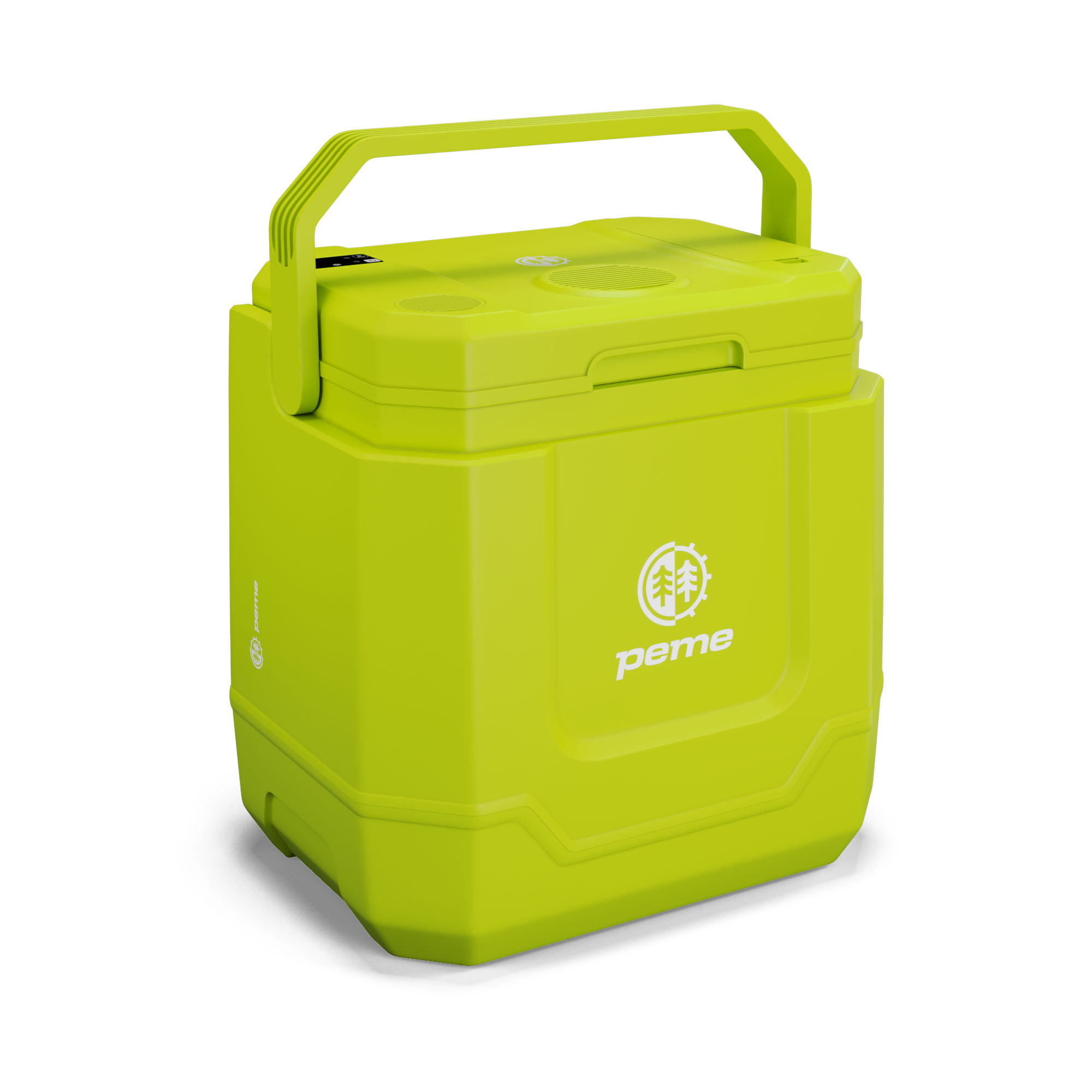 Ein leuchtend grüner Kühler mit einem Griff und dem Peme-Logo.