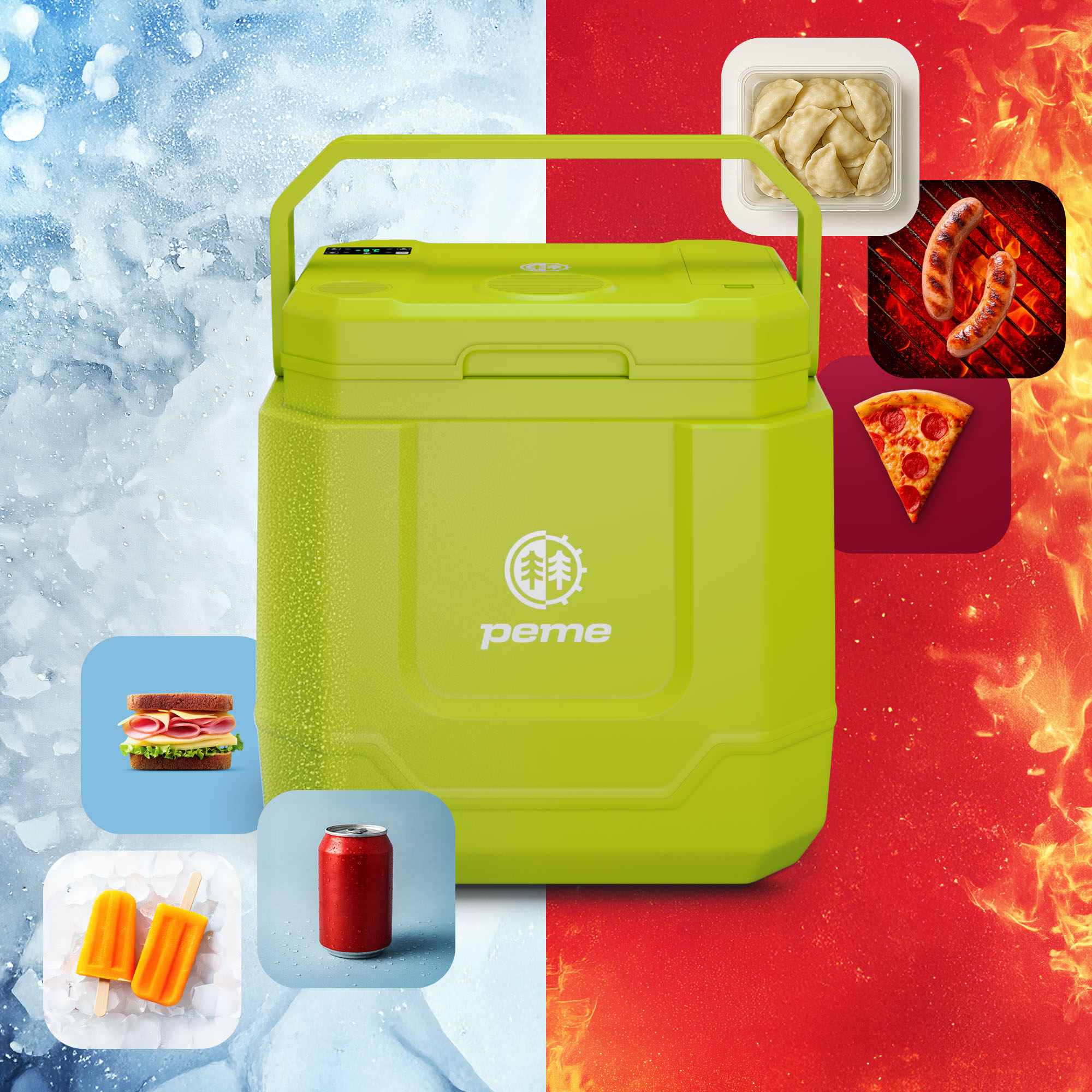 Ein grüner Kühler mit Essen: Sandwich, Eis, Limonade, Klöße, Würstchen, Pizza.