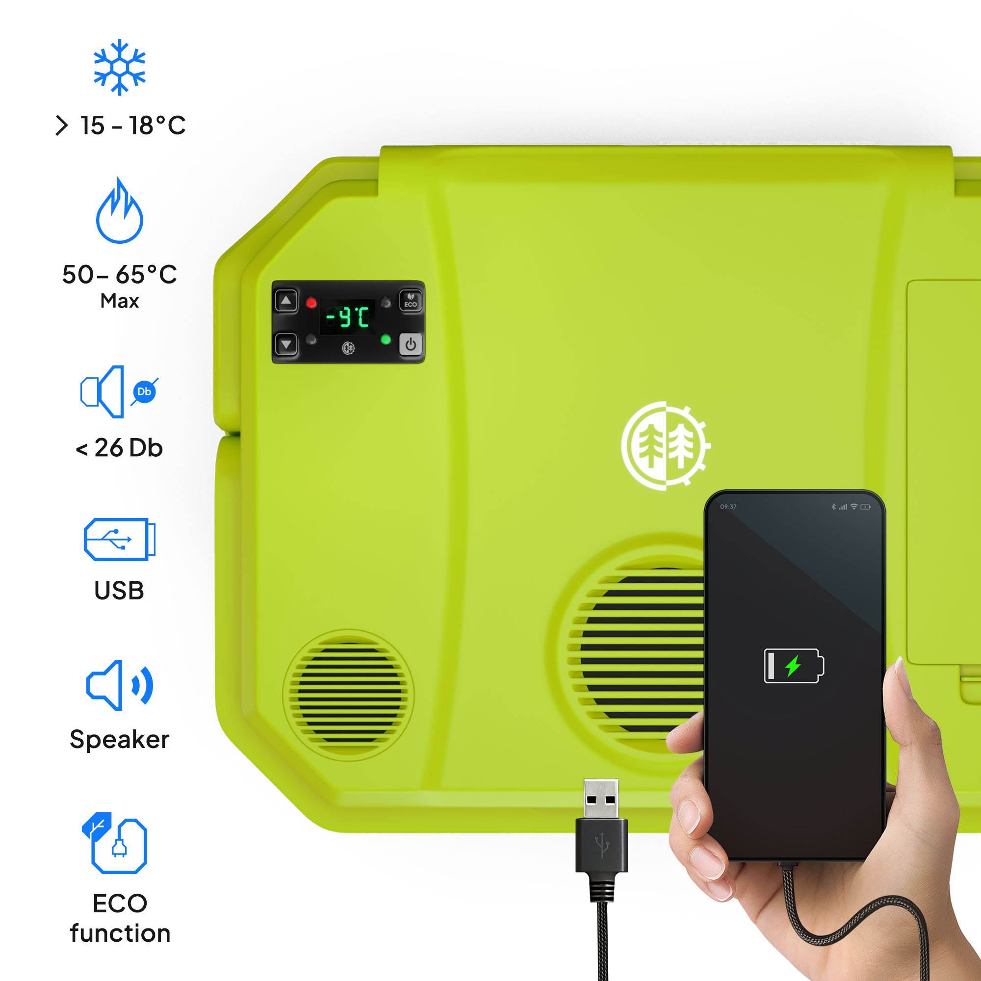 Ein grüner Kühlschrank mit Display, das -9°C anzeigt. Ein Handy wird per USB geladen.