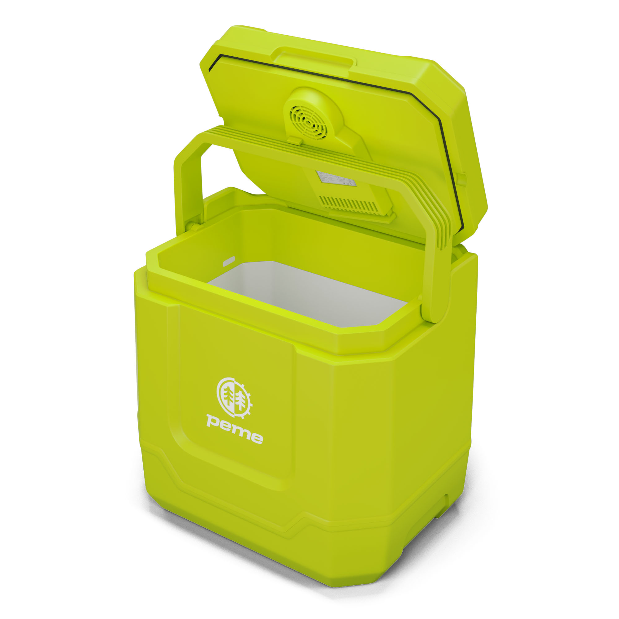 Ein offener, leuchtend grüner Kühlbox mit Tragegriff und Lüfter.