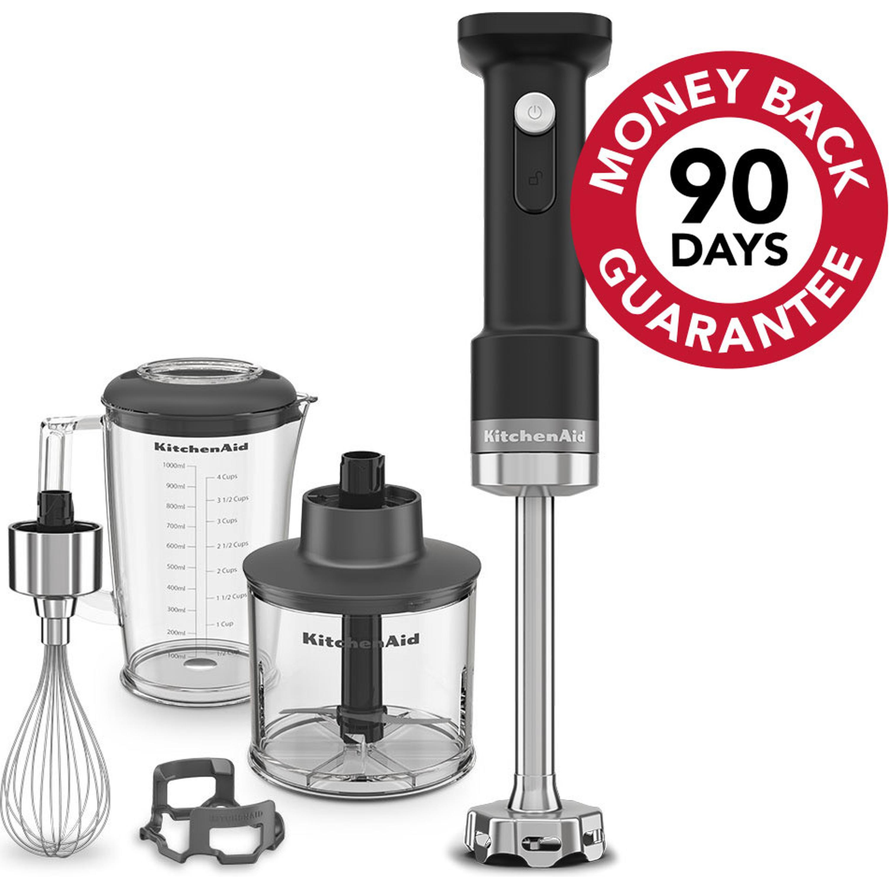 Zestaw blendera ręcznego KitchenAid z dzbankiem, siekaczem, trzepaczką i 90-dniową gwarancją.