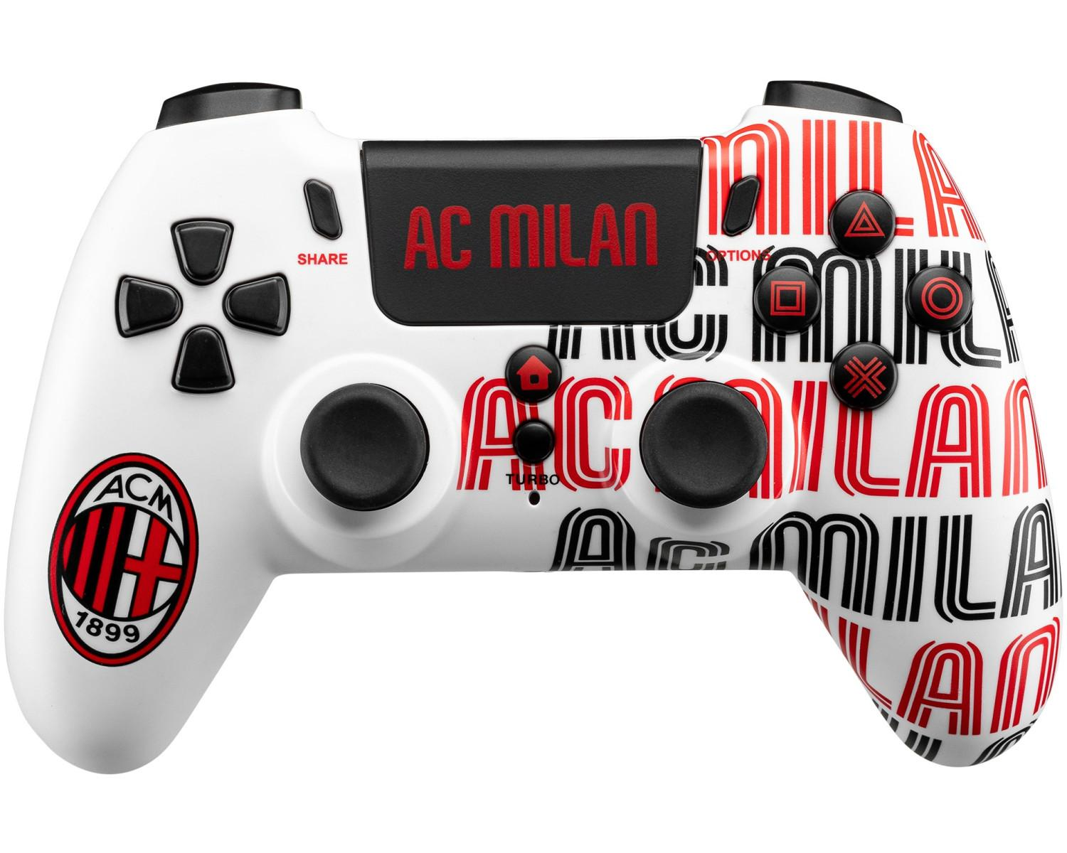 Un controller bianco con logo e motivo testuale AC Milan.