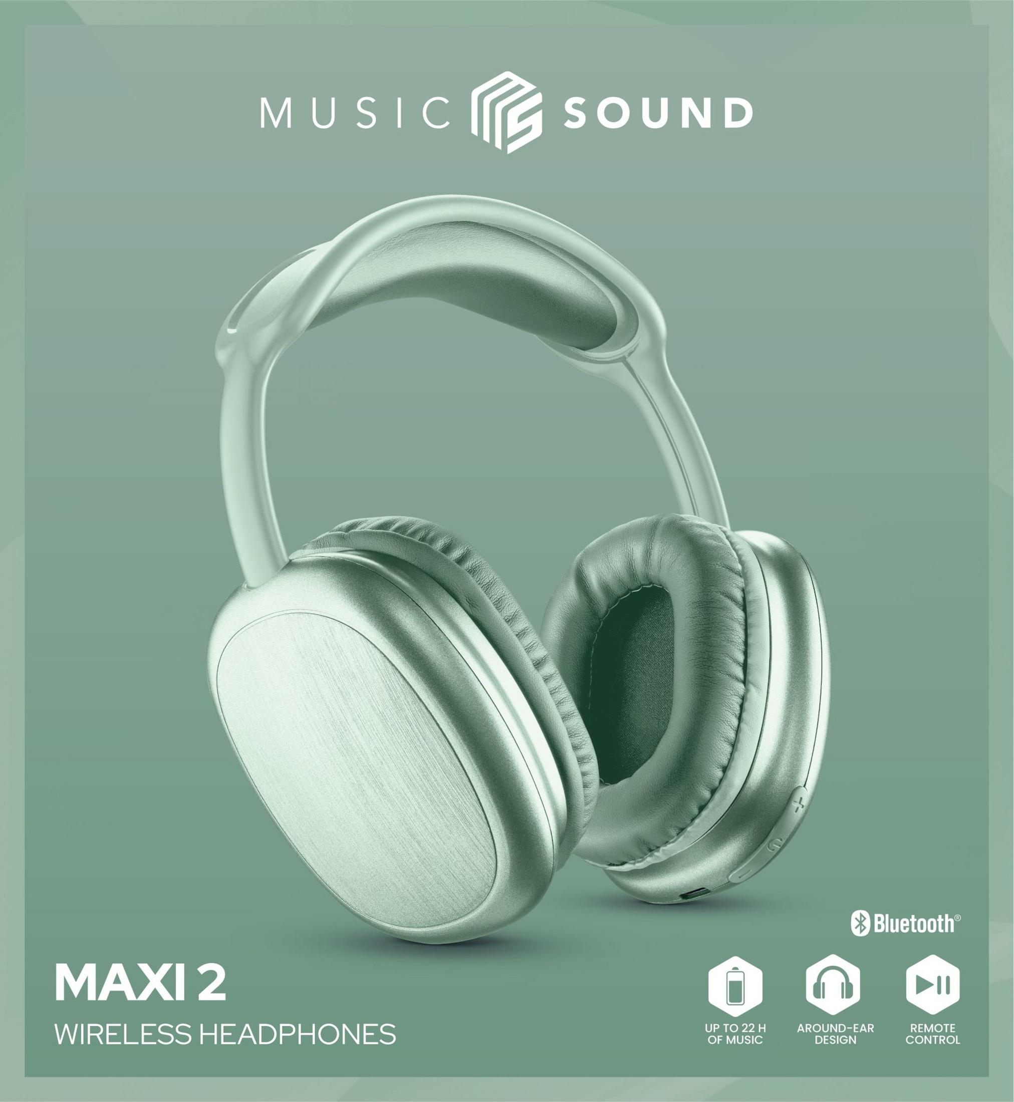 Jasnozielone słuchawki z napisem 'MAXI 2 WIRELESS HEADPHONES'.