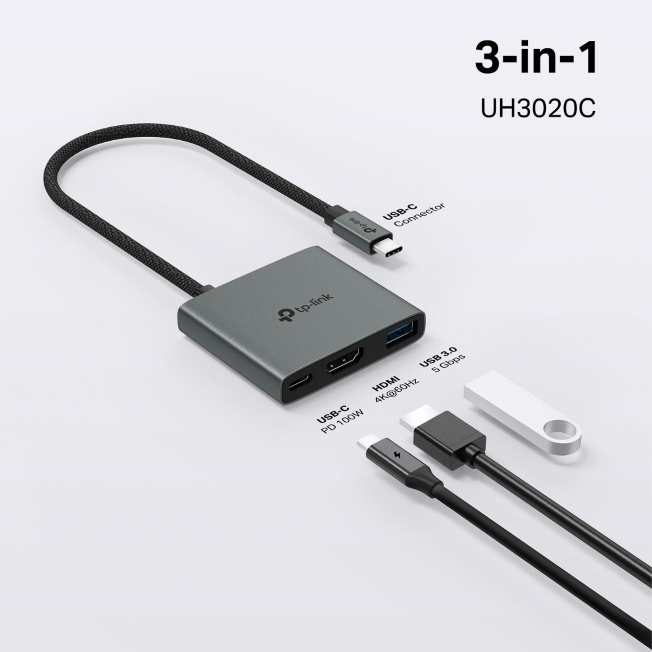 TP-Link 3-in-1 UH3020C Hub mit USB-C, HDMI und USB 3.0 Anschlüssen.