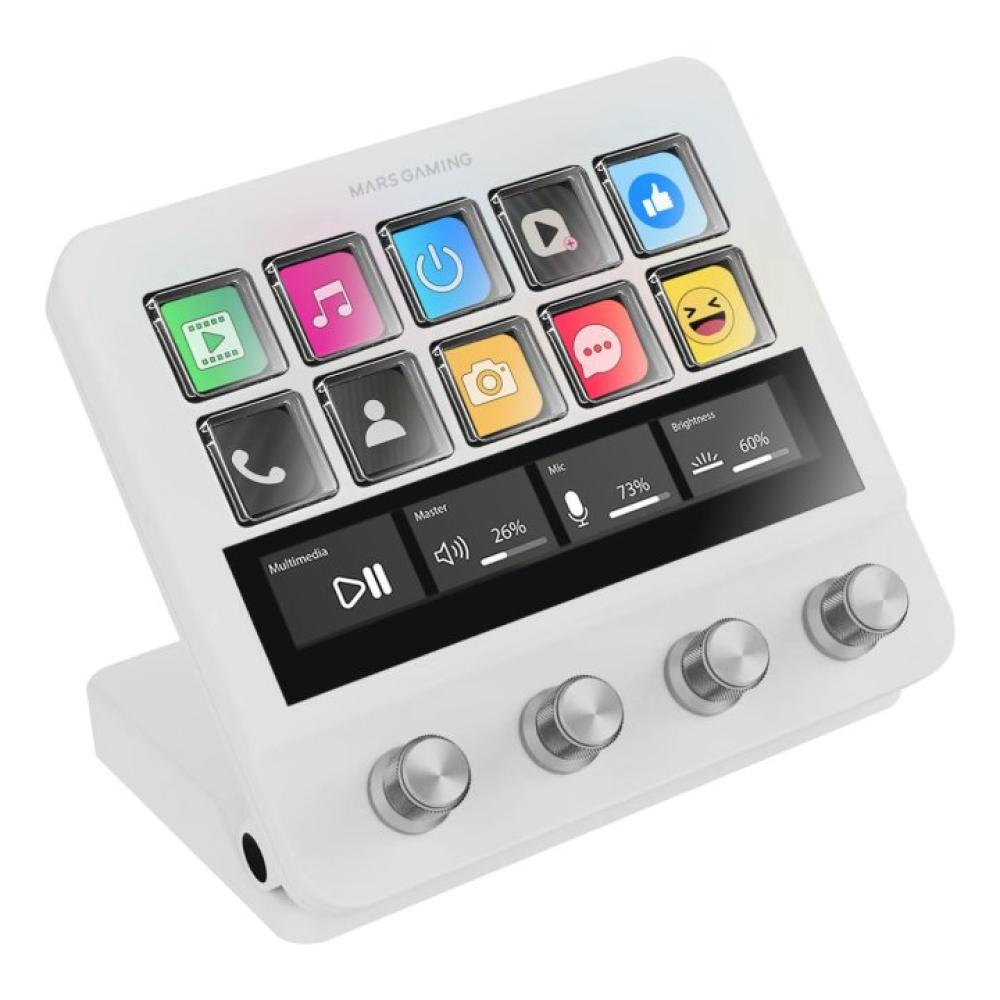 Console di streaming Mars Gaming bianca con icone e manopole.