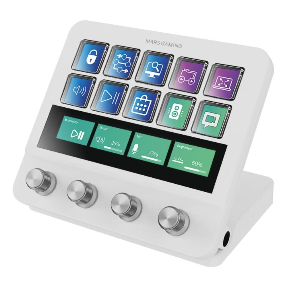Una Mars Gaming Stream Deck bianca con 12 pulsanti, touchscreen e 4 manopole.