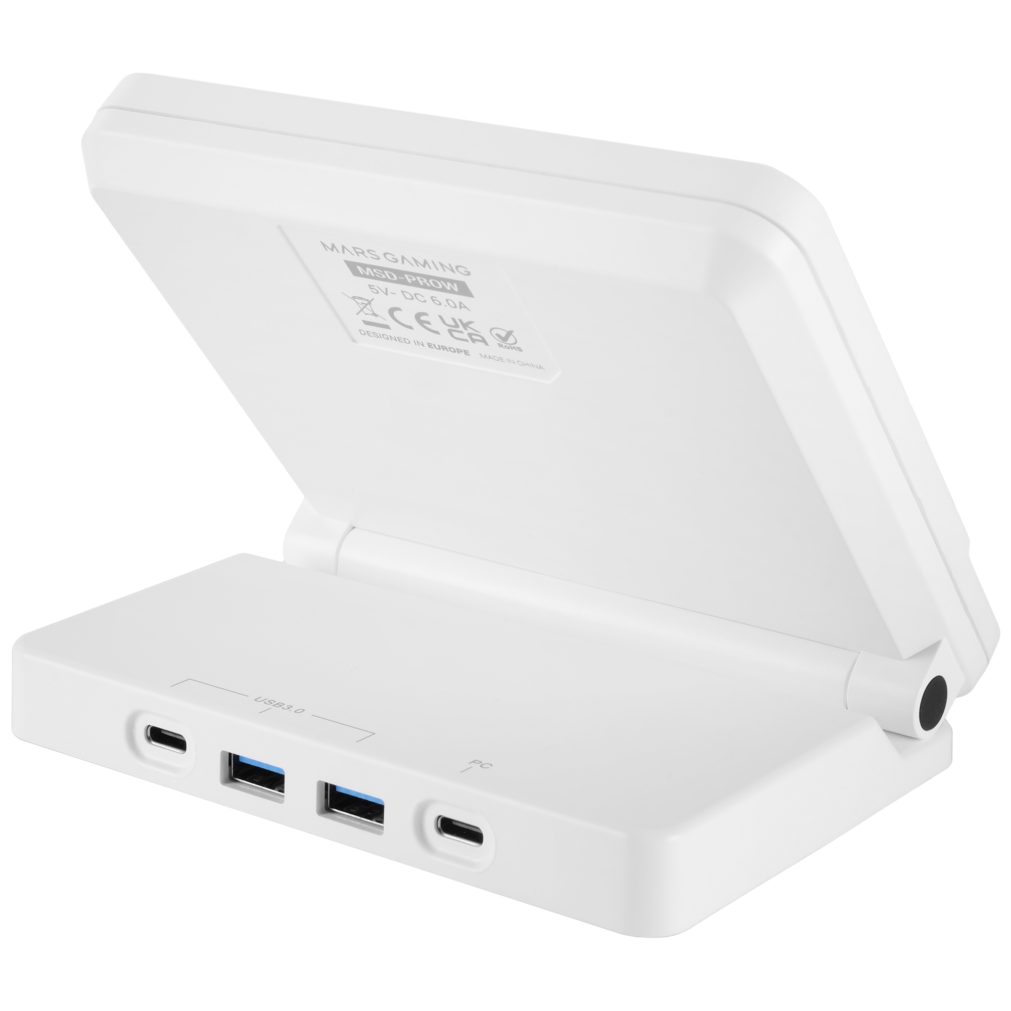 Un dispositivo bianco Mars Gaming MSD-PROW con porte USB-C e USB-A.