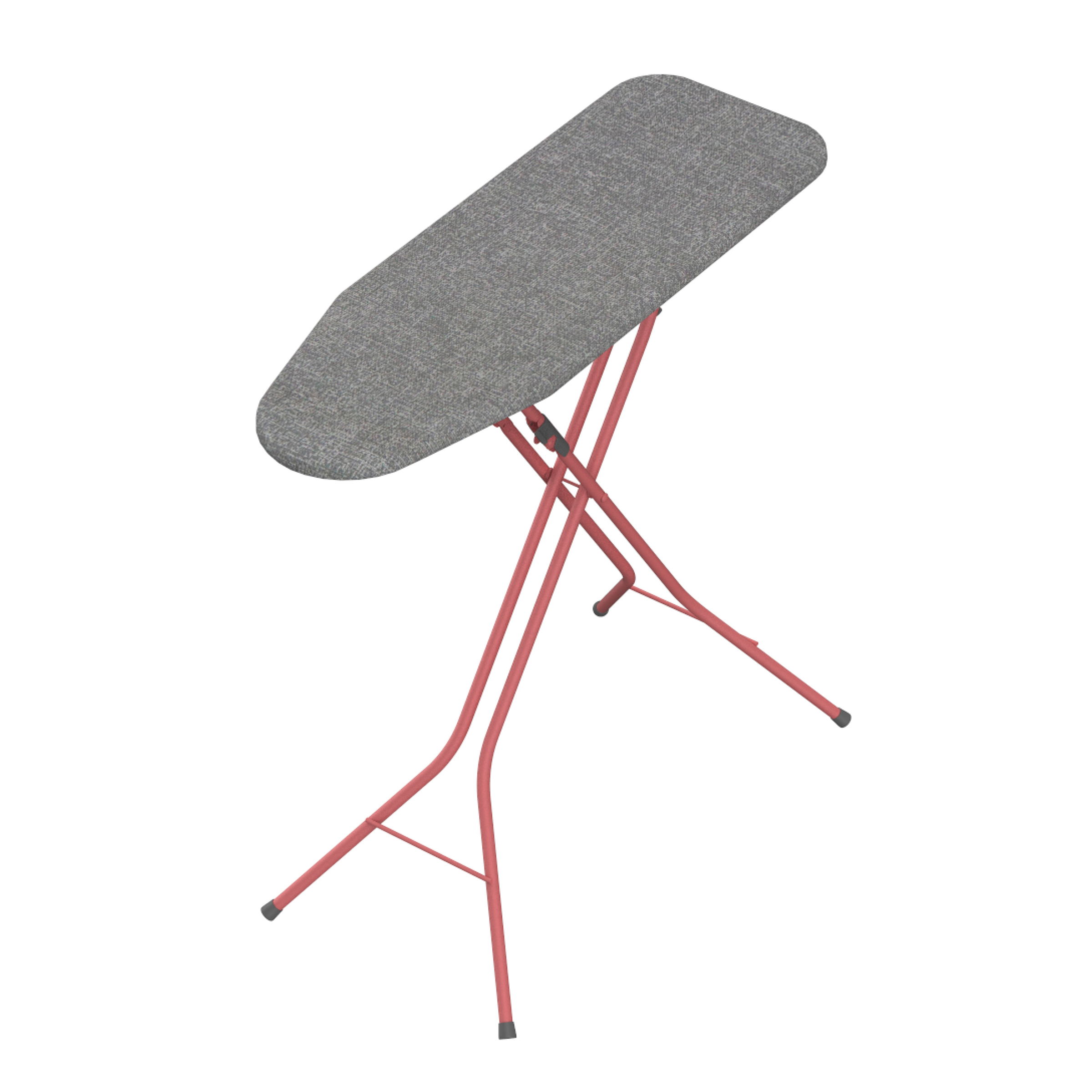 Gray ironing board with red legs and an X-shaped brace.