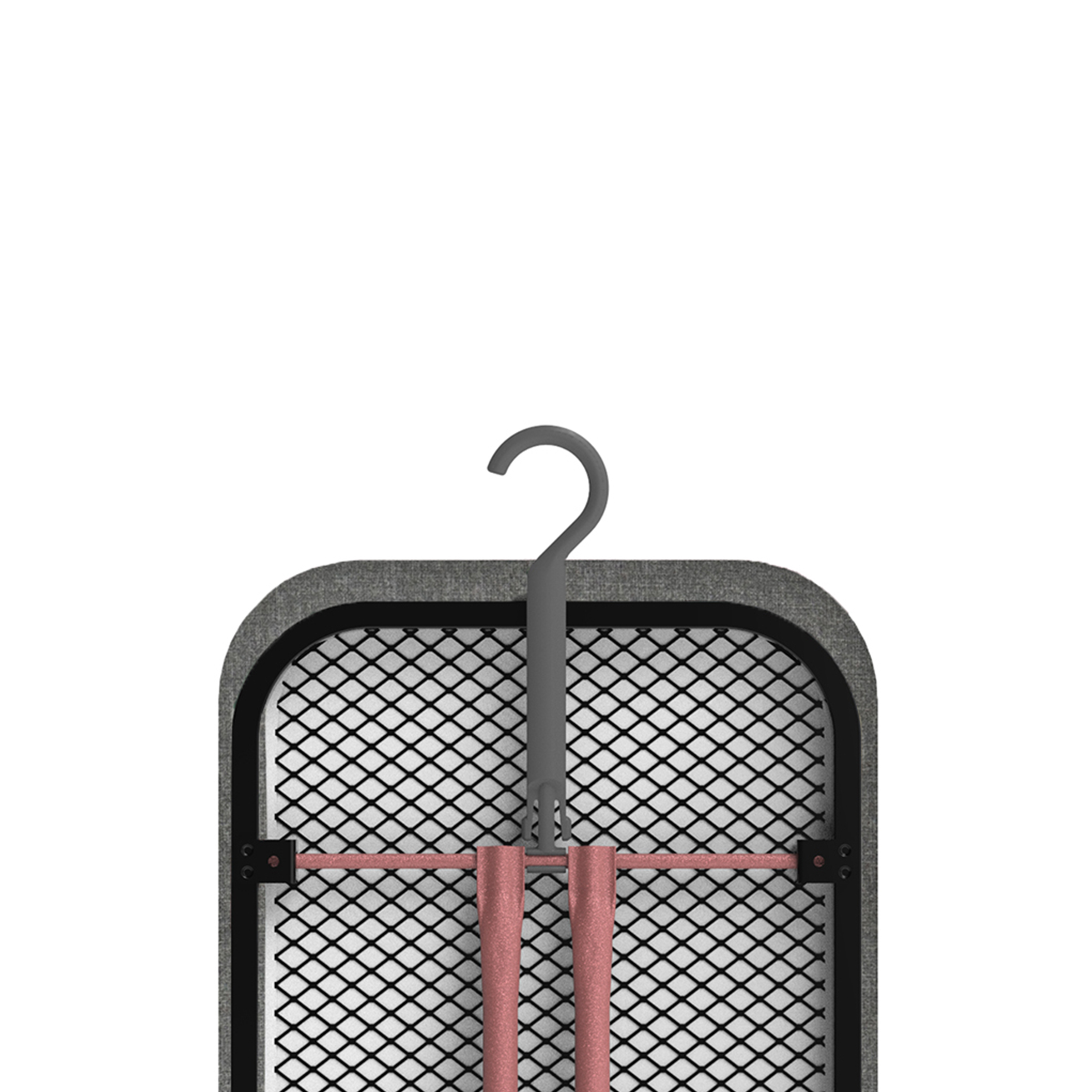 Gray hook holds two pink fabric strips against a mesh pattern.