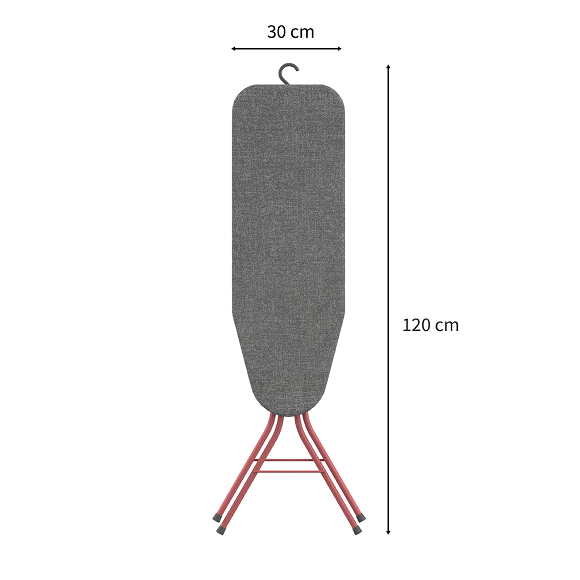 Grey ironing board with red legs, 120cm tall and 30cm wide.