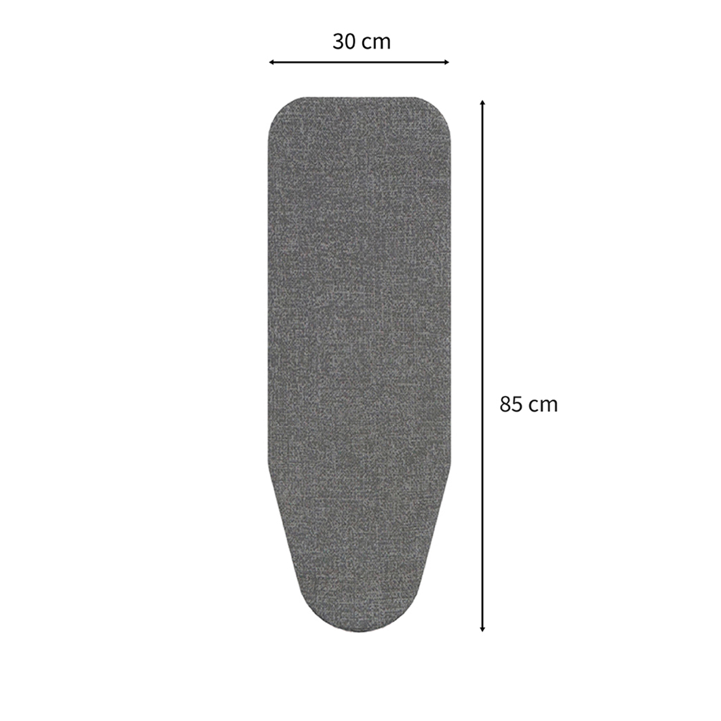 Gray ironing board cover, 85 cm long and 30 cm wide.